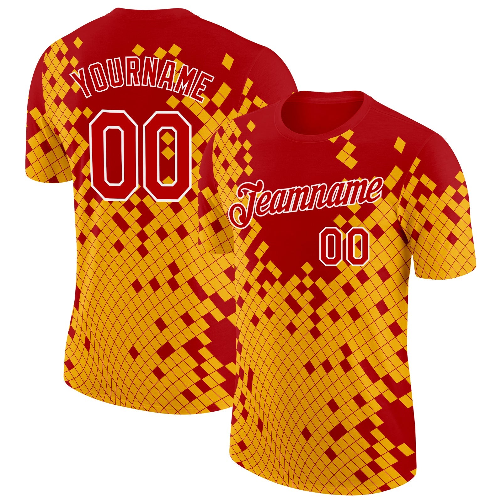 Custom Red Yellow-White Geometric Digital Mosaic Performance T-Shirt - Main View