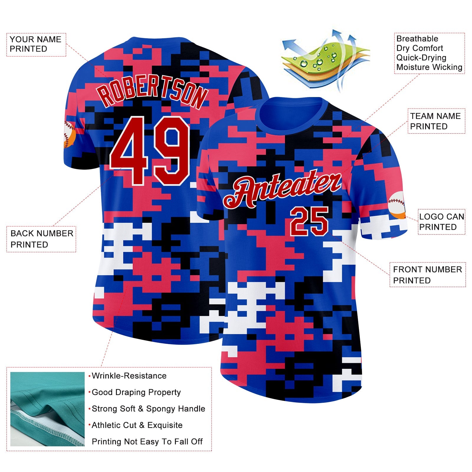 Custom Thunder Blue Red Pink Black-White Geometric Digital Mosaic Performance T-Shirt view 2