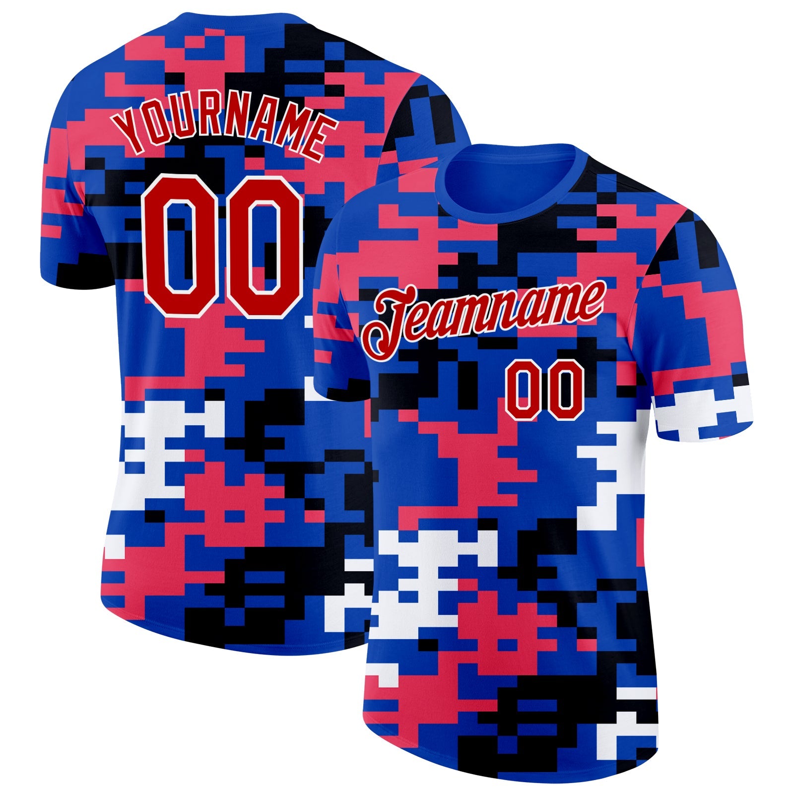 Custom Thunder Blue Red Pink Black-White Geometric Digital Mosaic Performance T-Shirt - Main View
