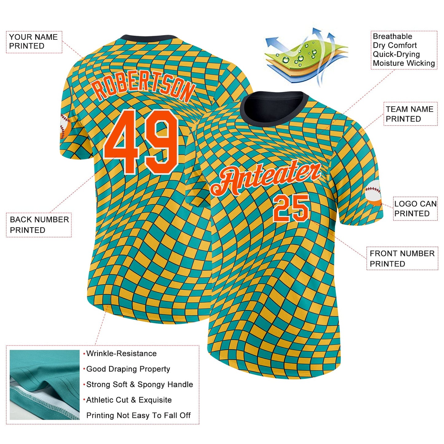 Custom Green Orange Yellow Black-White Geometric Digital Mosaic Performance T-Shirt view 2