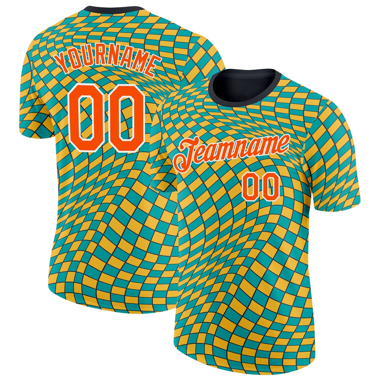 Custom Green Orange Yellow Black-White Geometric Digital Mosaic Performance T-Shirt - Main View