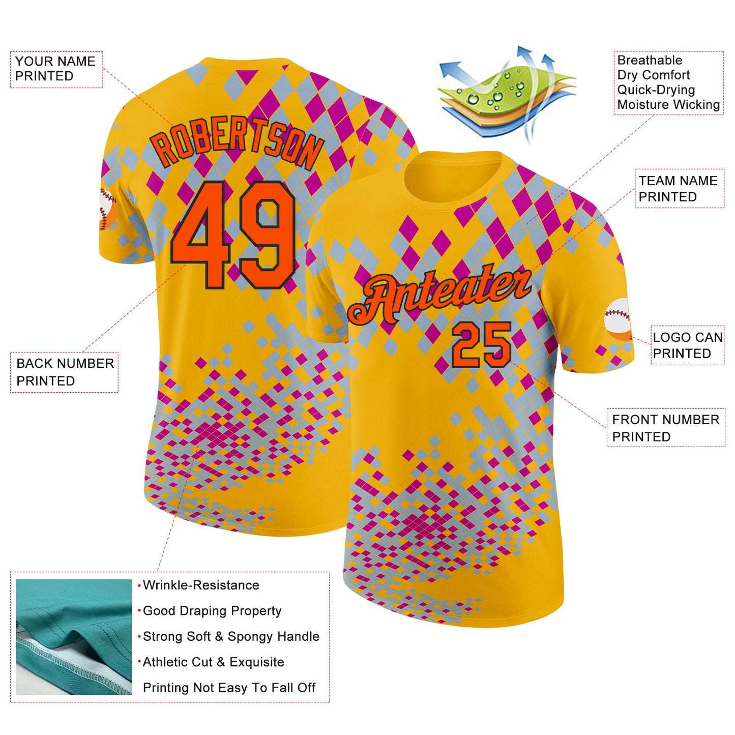 Custom Gold Orange Gray Purple-Black Geometric Digital Mosaic Performance T-Shirt view 2