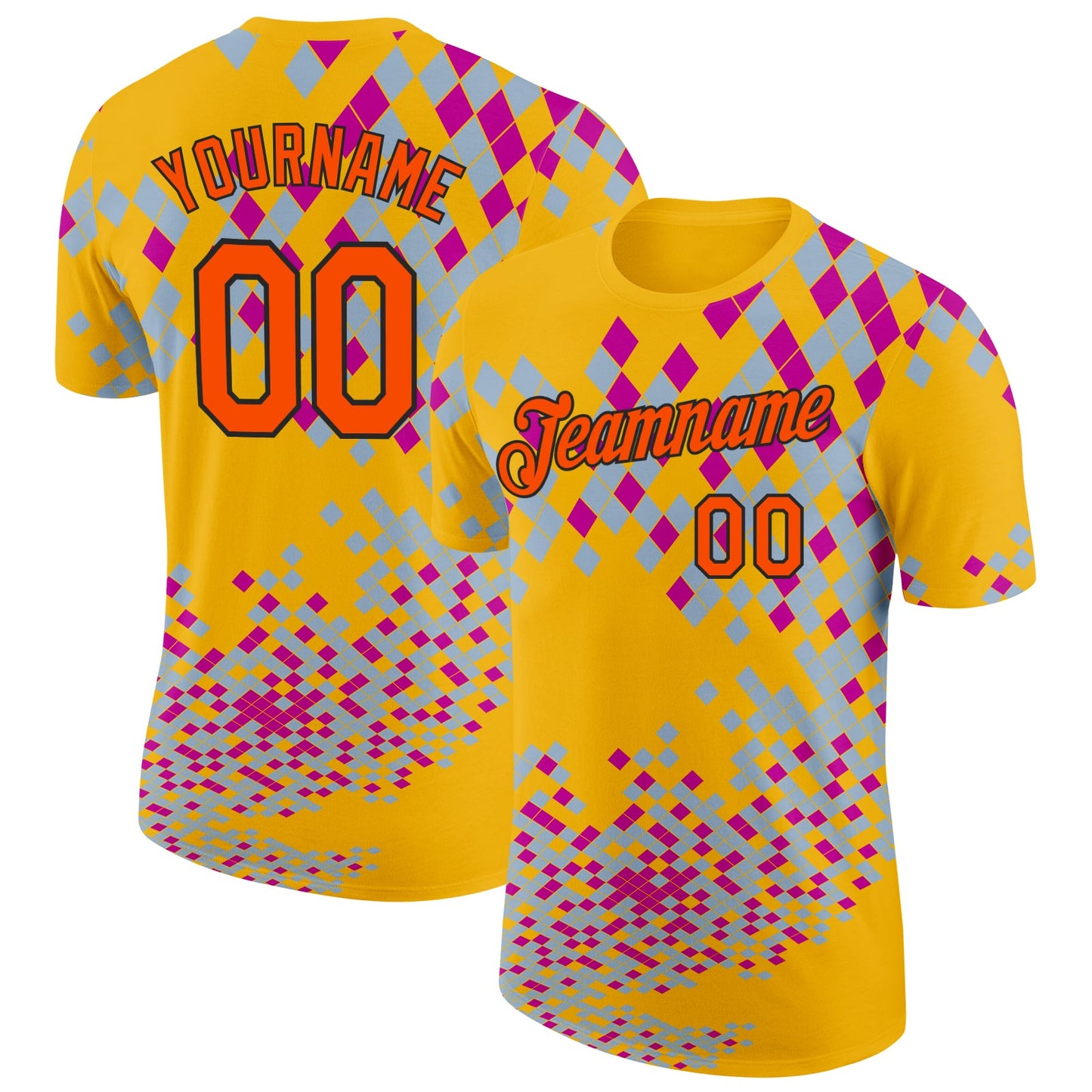 Custom Gold Orange Gray Purple-Black Geometric Digital Mosaic Performance T-Shirt - Main View