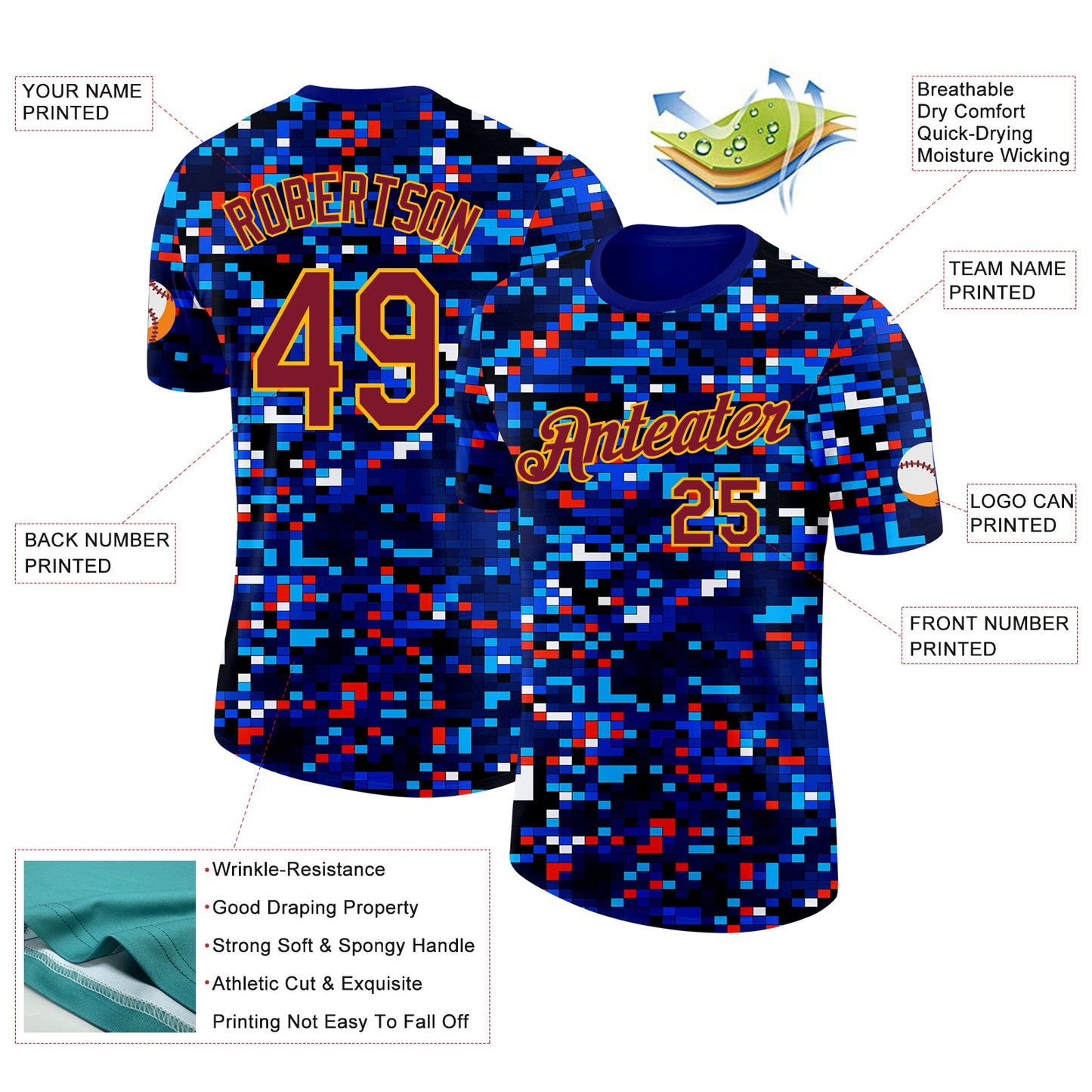 Custom Blue Crimson-Gold Geometric Digital Mosaic Performance T-Shirt view 2