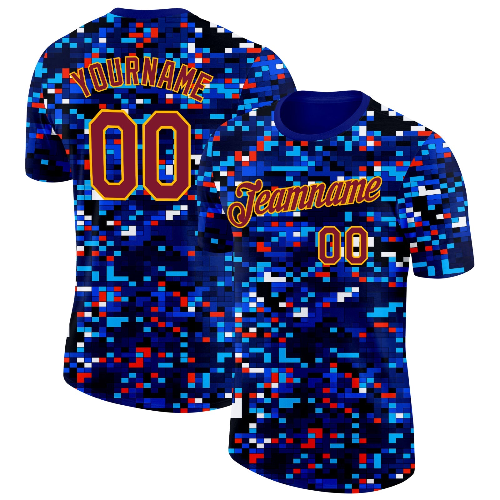 Custom Blue Crimson-Gold Geometric Digital Mosaic Performance T-Shirt - Main View