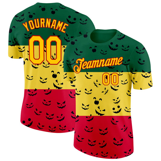 Custom Green Yellow-Red 3D Pattern Design Black History Month Performance T-Shirt - Main View