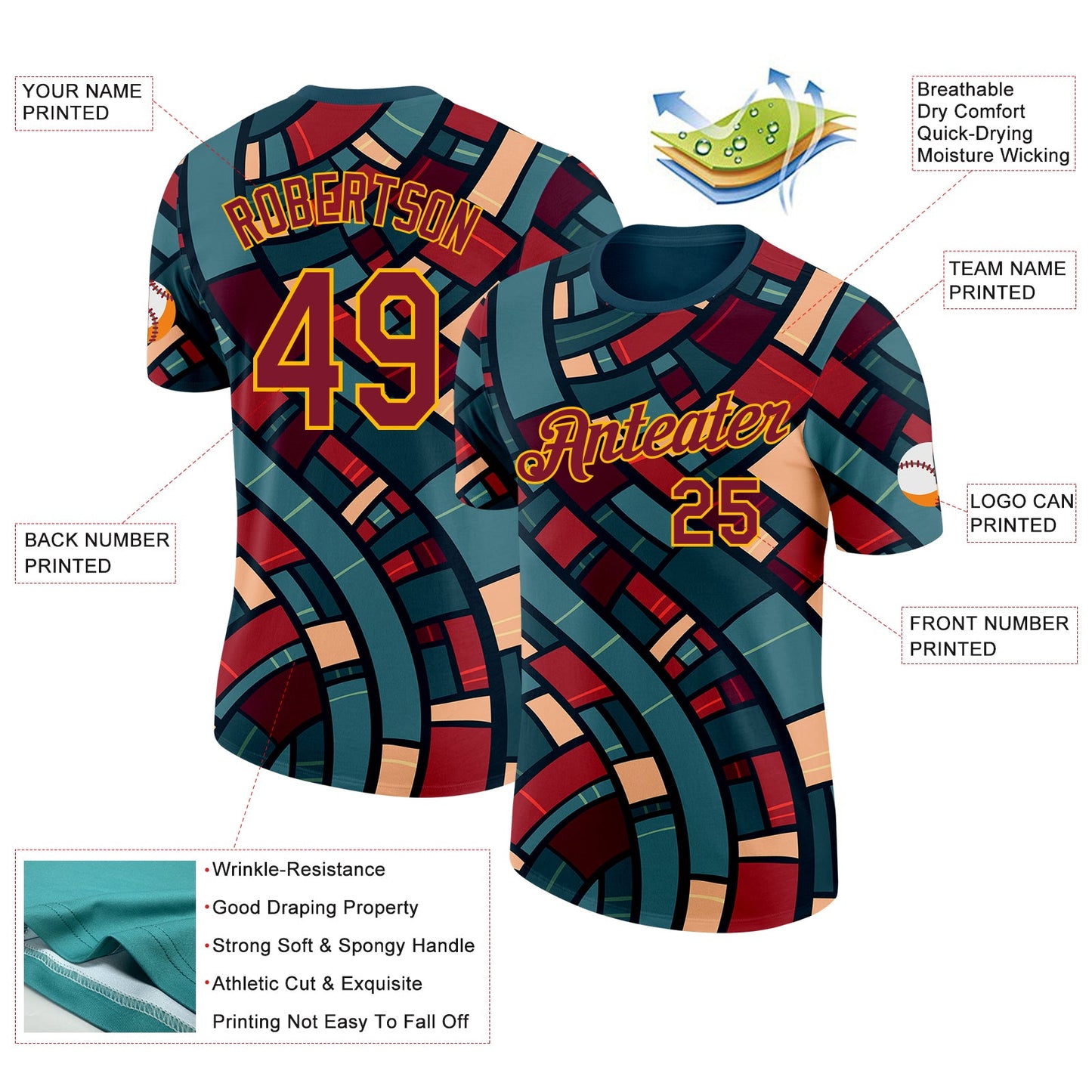 Custom Green Crimson-Gold Geometric Digital Mosaic Performance T-Shirt view 2