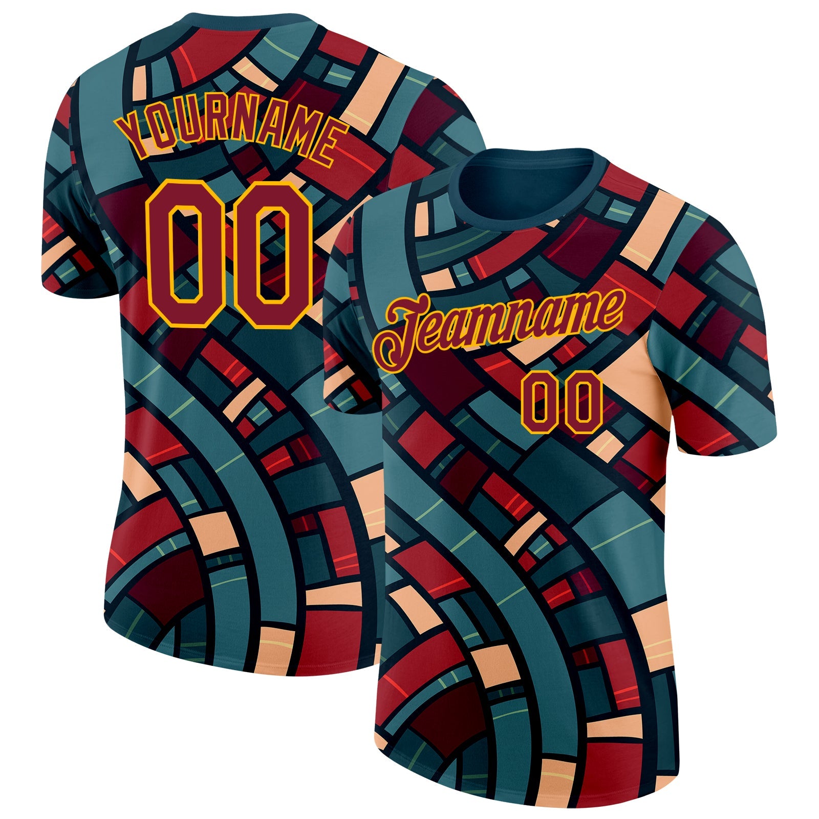 Custom Green Crimson-Gold Geometric Digital Mosaic Performance T-Shirt - Main View