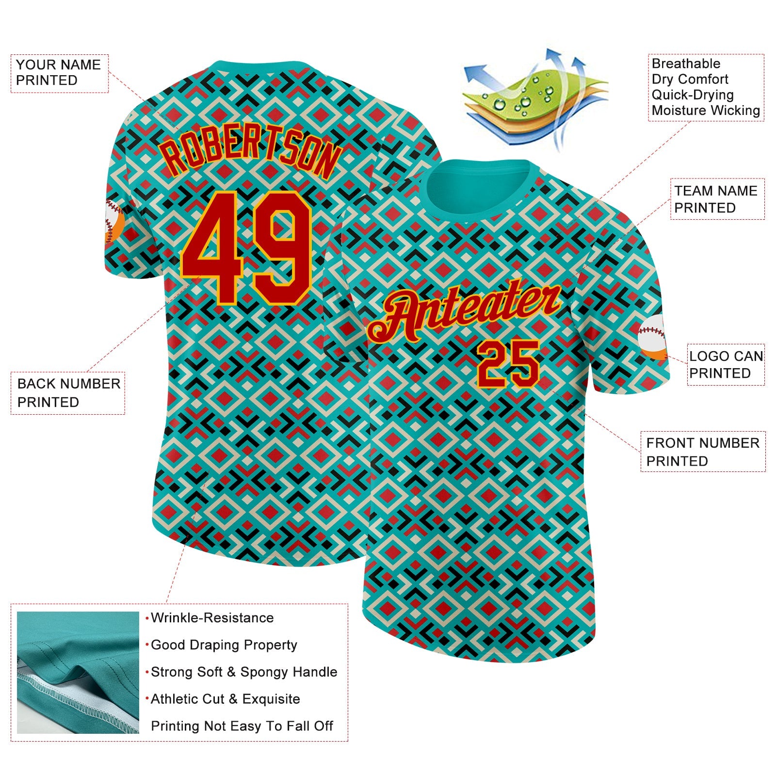 Custom Aqua Red-Gold Geometric Digital Mosaic Performance T-Shirt view 2