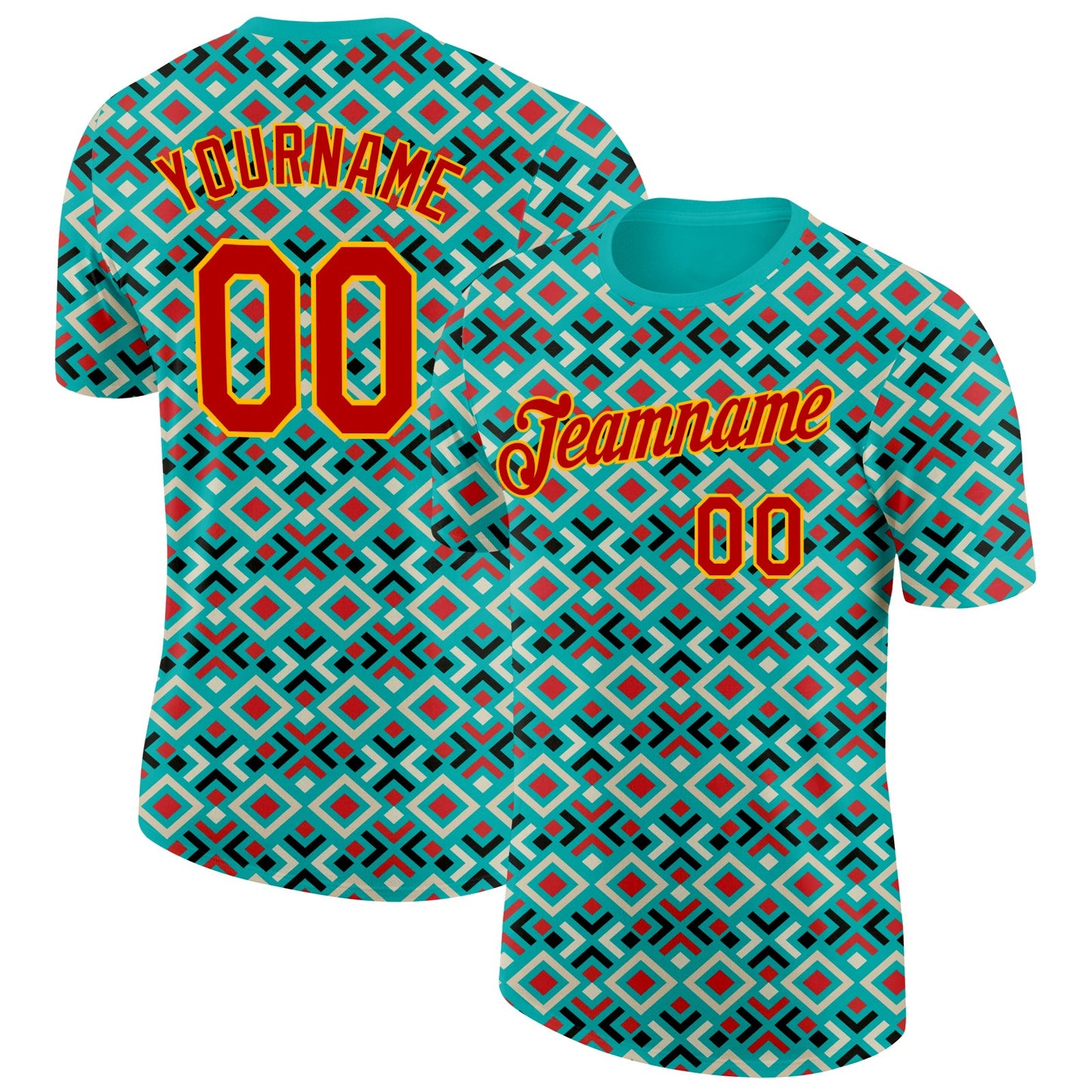 Custom Aqua Red-Gold Geometric Digital Mosaic Performance T-Shirt - Main View