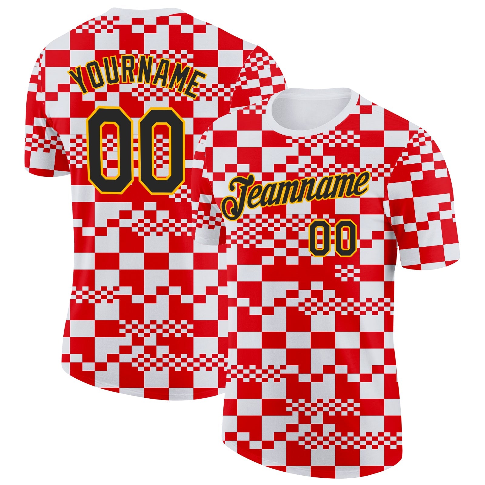 Custom White Black Red-Gold Geometric Digital Mosaic Performance T-Shirt - Main View