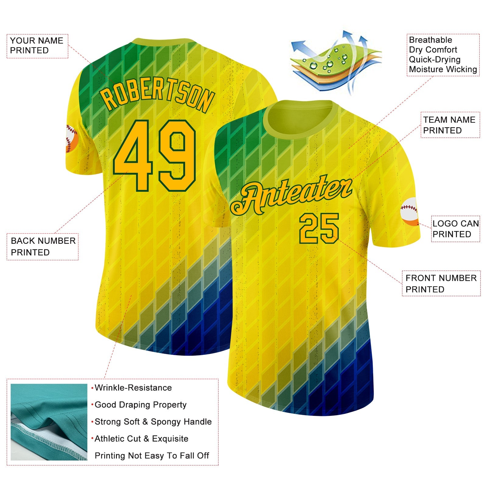 Custom Green Gold-Blue Geometric Digital Mosaic Performance T-Shirt view 2