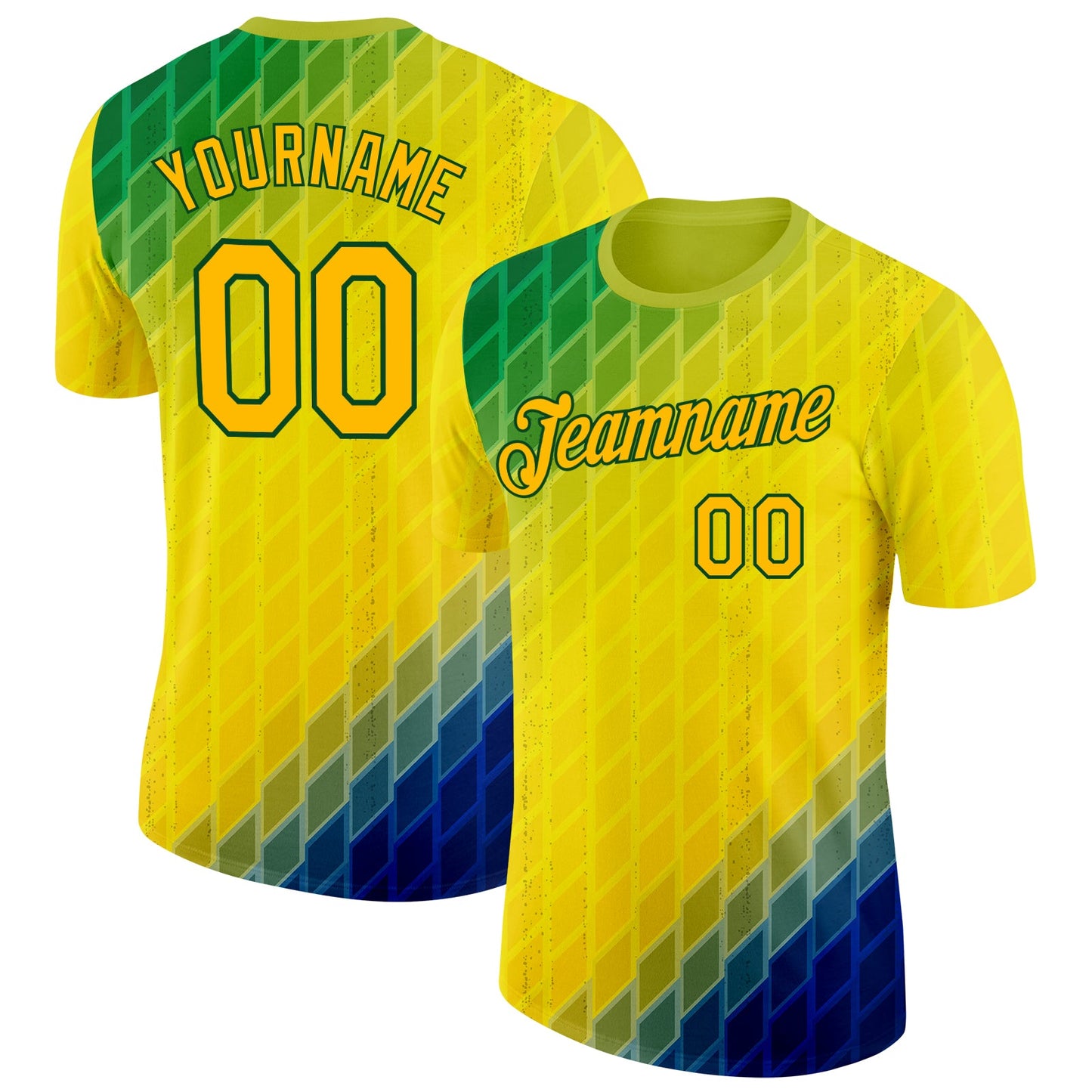 Custom Green Gold-Blue Geometric Digital Mosaic Performance T-Shirt - Main View