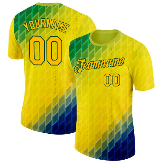 Custom Green Gold-Blue Geometric Digital Mosaic Performance T-Shirt - Main View