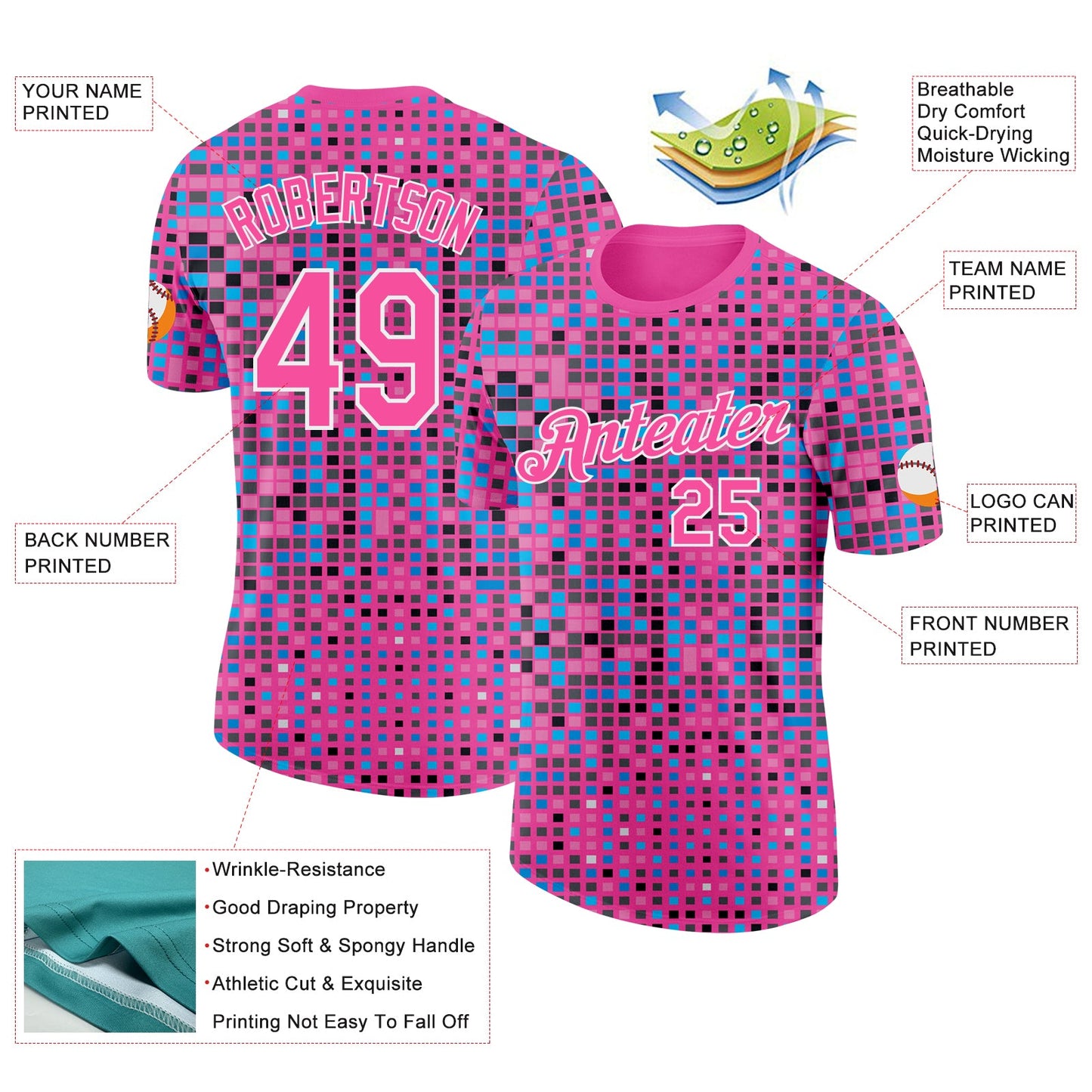 Custom Pink Blue-White Geometric Digital Mosaic Performance T-Shirt view 2