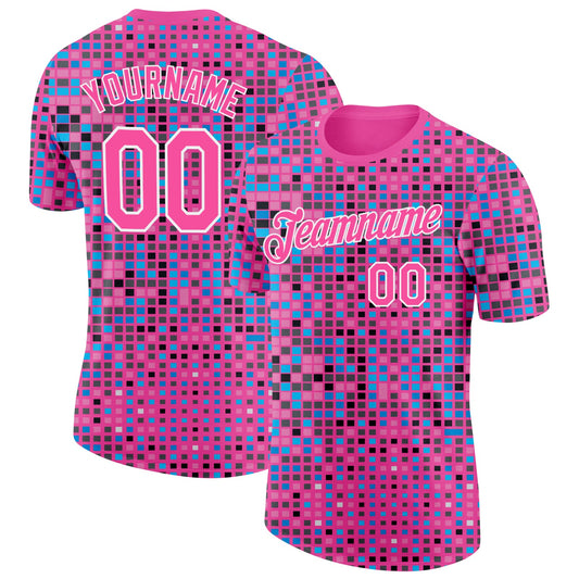 Custom Pink Blue-White Geometric Digital Mosaic Performance T-Shirt - Main View