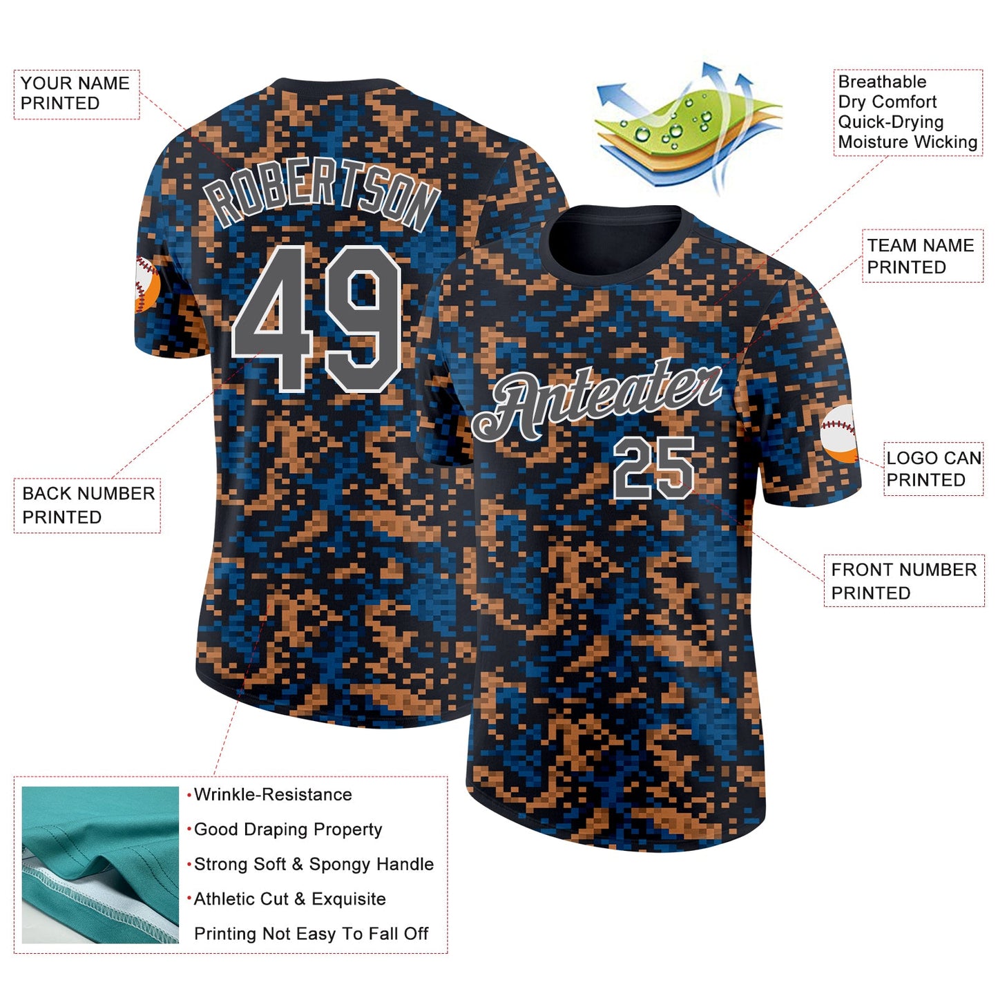 Custom Black Steel Gray Blue Brown-White Geometric Digital Mosaic Performance T-Shirt view 2