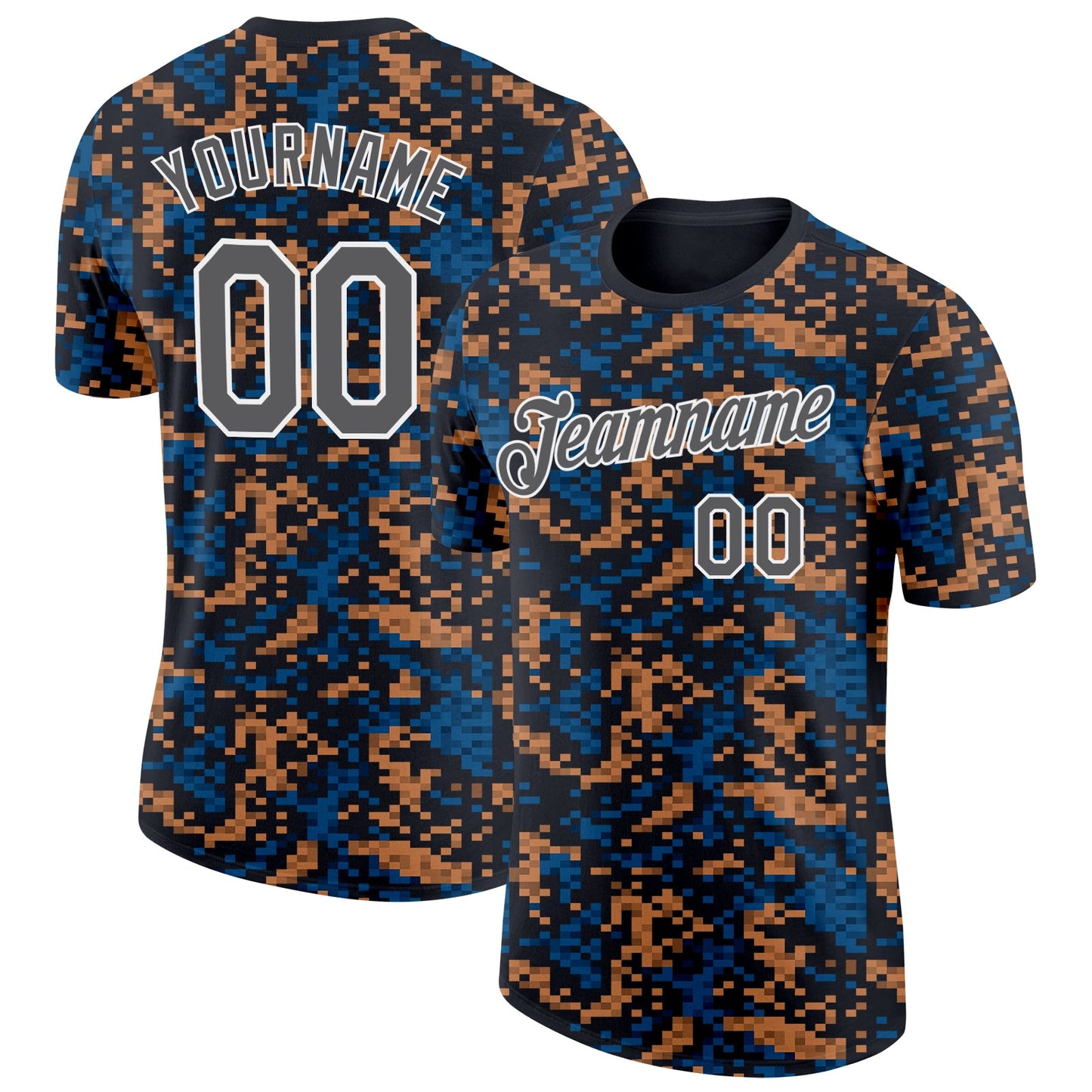 Custom Black Steel Gray Blue Brown-White Geometric Digital Mosaic Performance T-Shirt - Main View