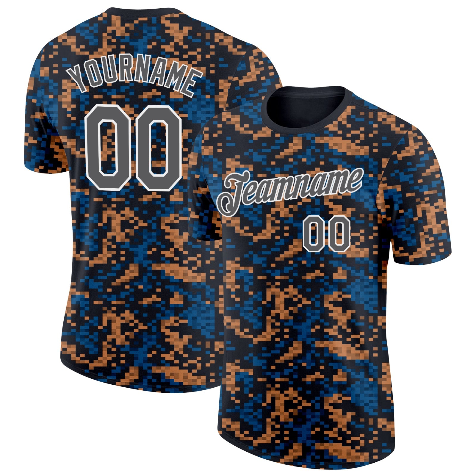 Custom Black Steel Gray Blue Brown-White Geometric Digital Mosaic Performance T-Shirt - Main View