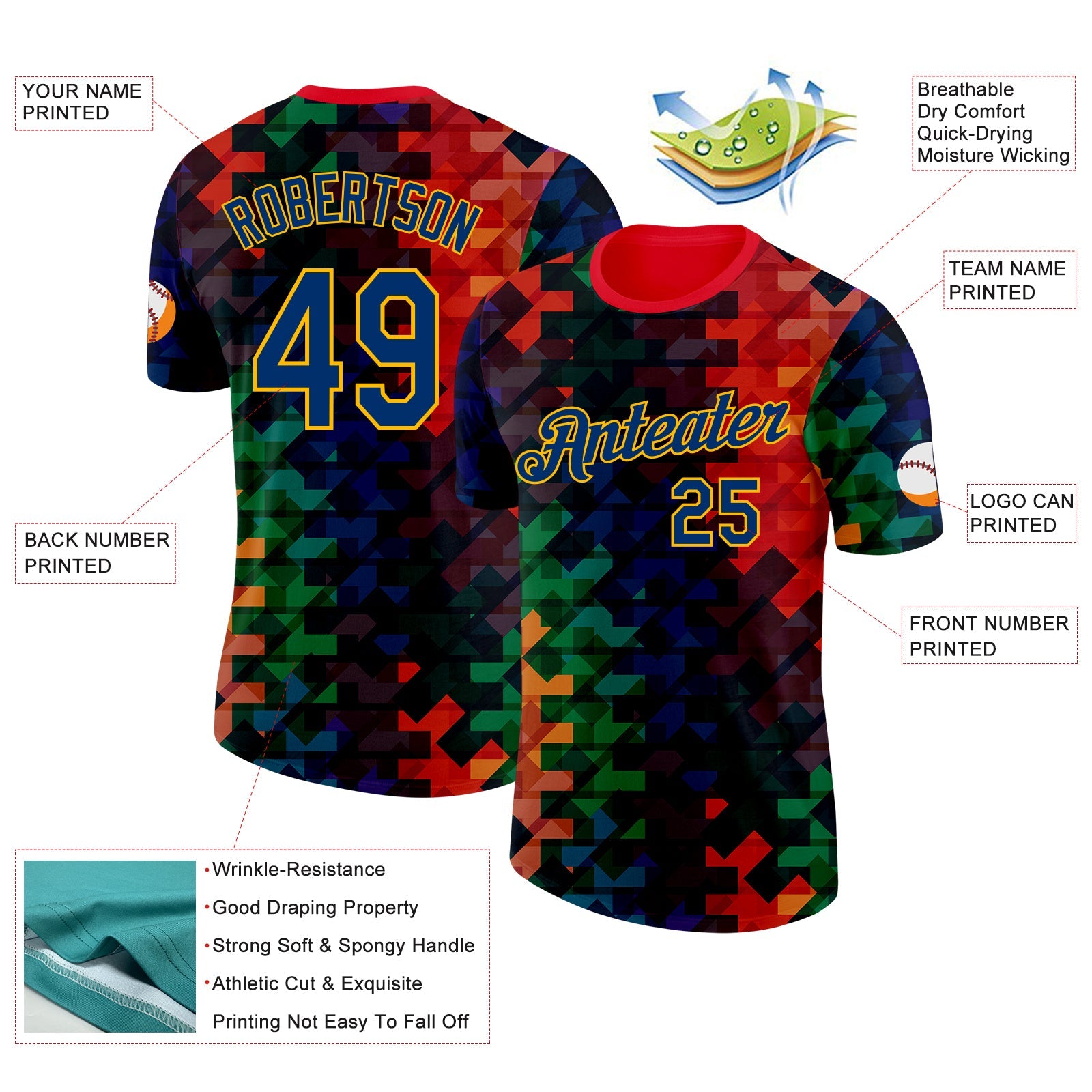 Custom Red US Navy Blue Green Black-Gold Geometric Digital Mosaic Performance T-Shirt view 2