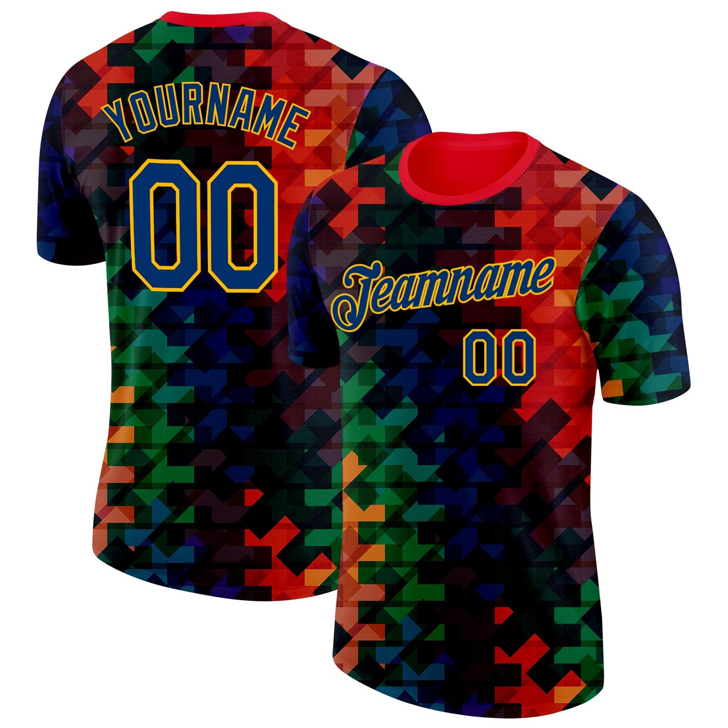 Custom Red US Navy Blue Green Black-Gold Geometric Digital Mosaic Performance T-Shirt - Main View