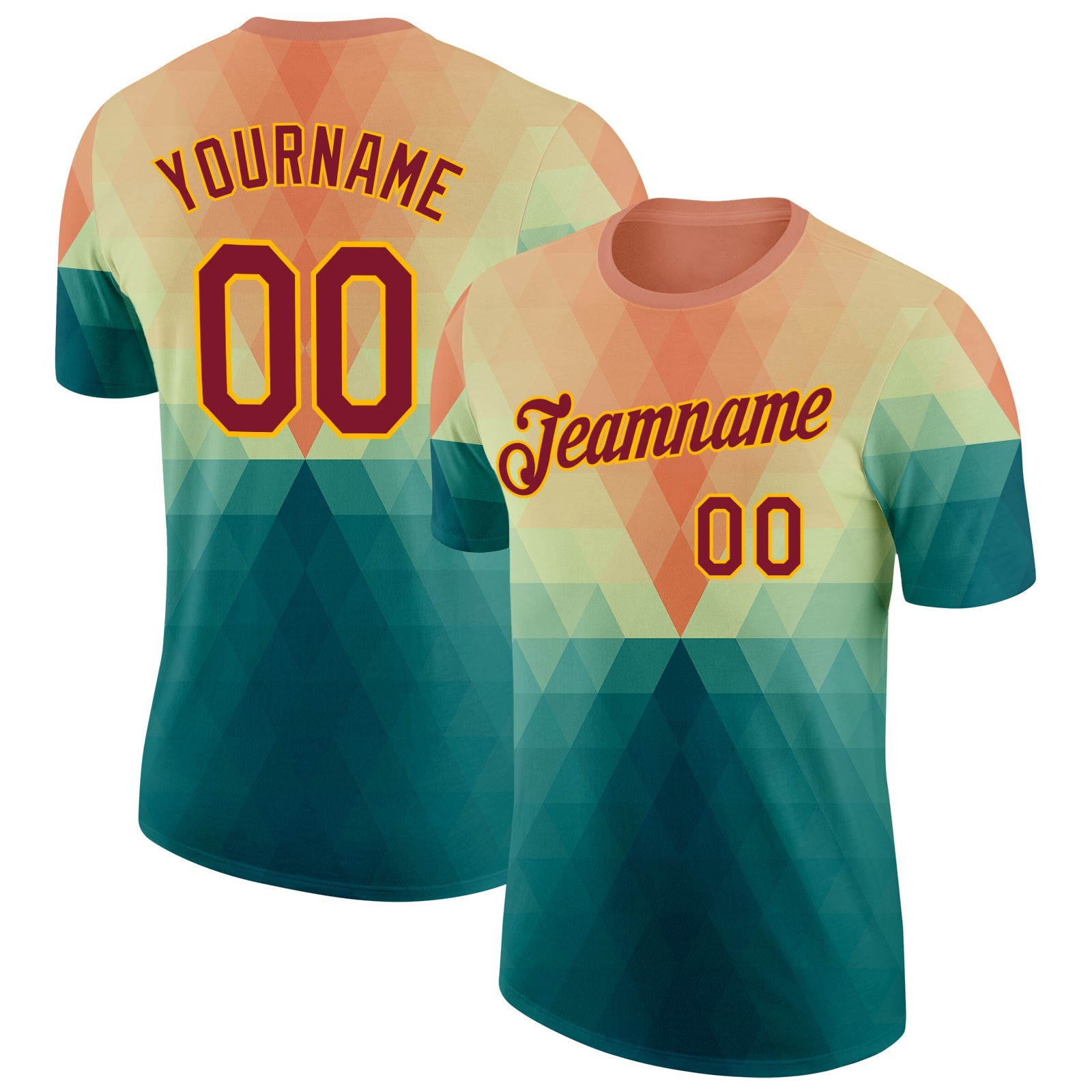 Custom Green Crimson Pink-Gold Geometric Gradient Digital Mosaic Performance T-Shirt - Main View