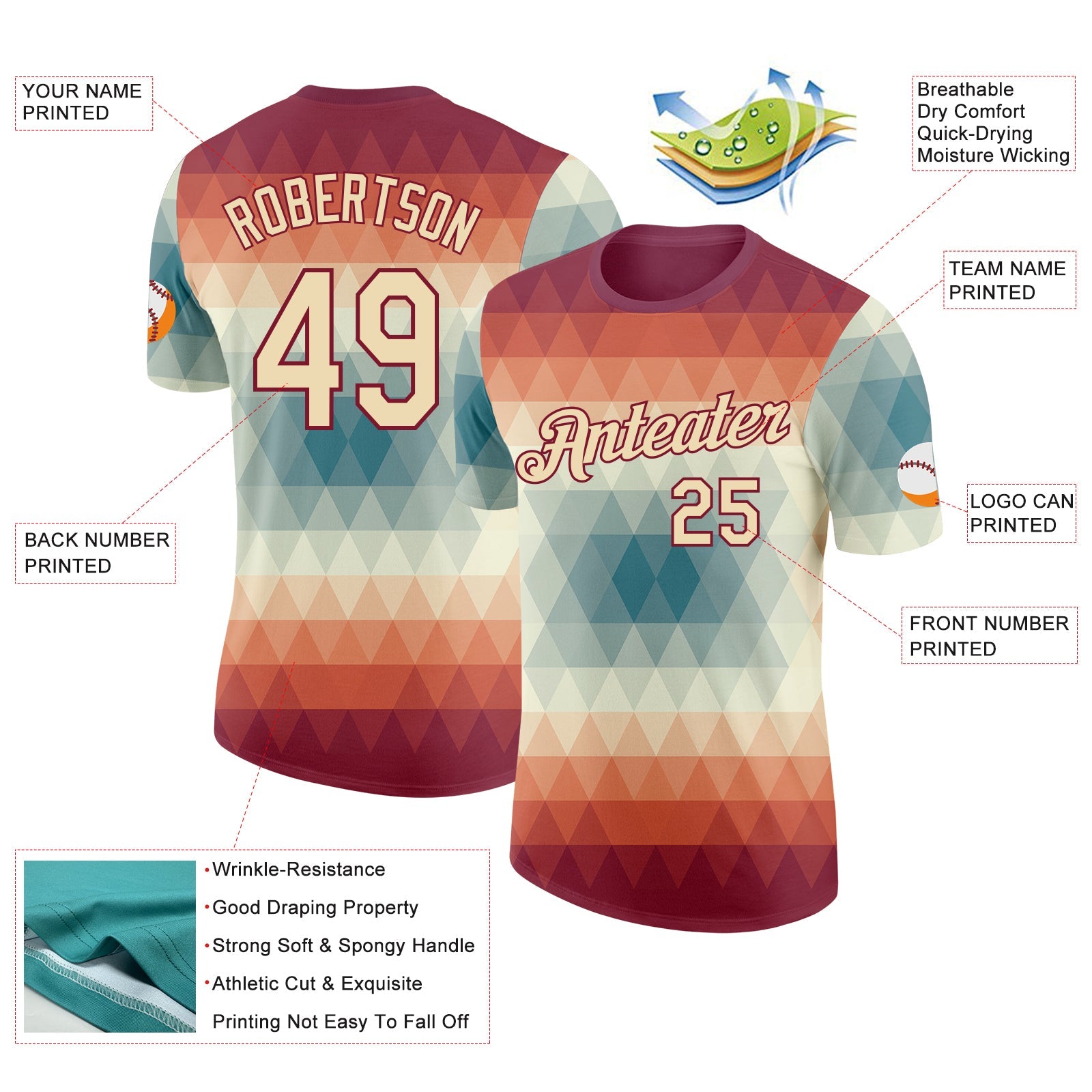 Custom Crimson Cream-Blue Geometric Gradient Digital Mosaic Performance T-Shirt view 2