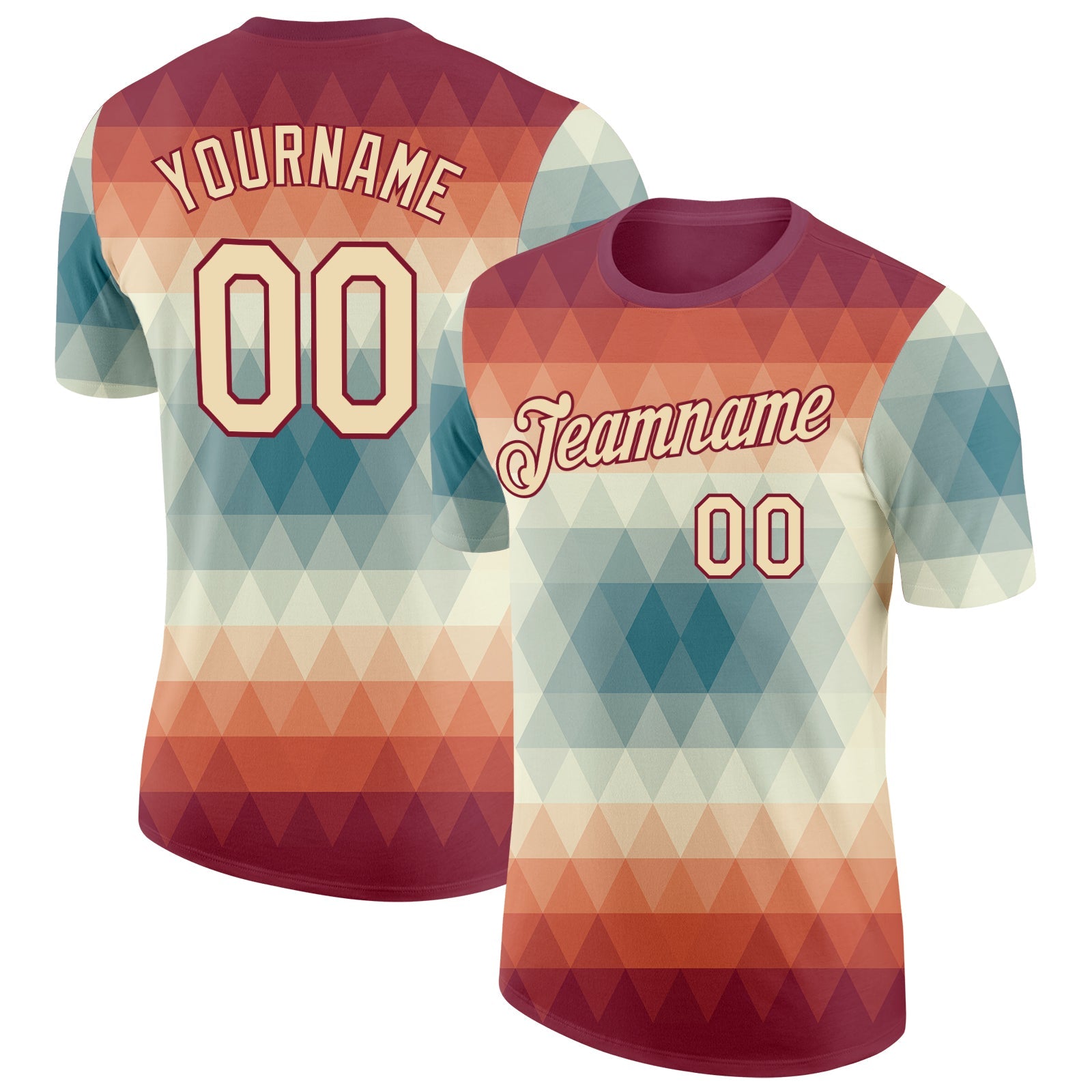 Custom Crimson Cream-Blue Geometric Gradient Digital Mosaic Performance T-Shirt - Main View