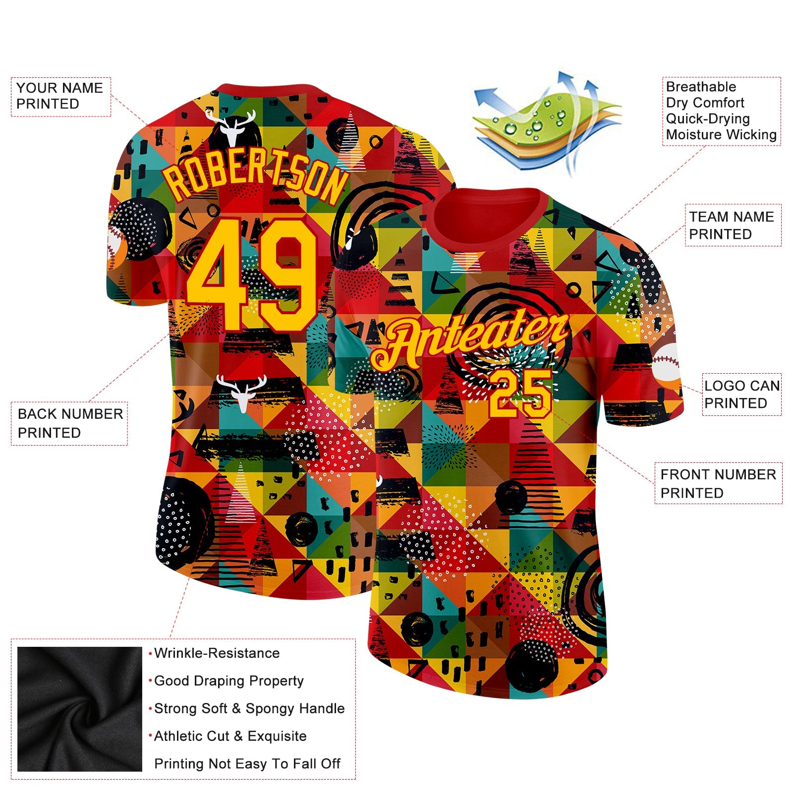 Custom Red Yellow 3D Pattern Design Black History Month Performance T-Shirt view 2