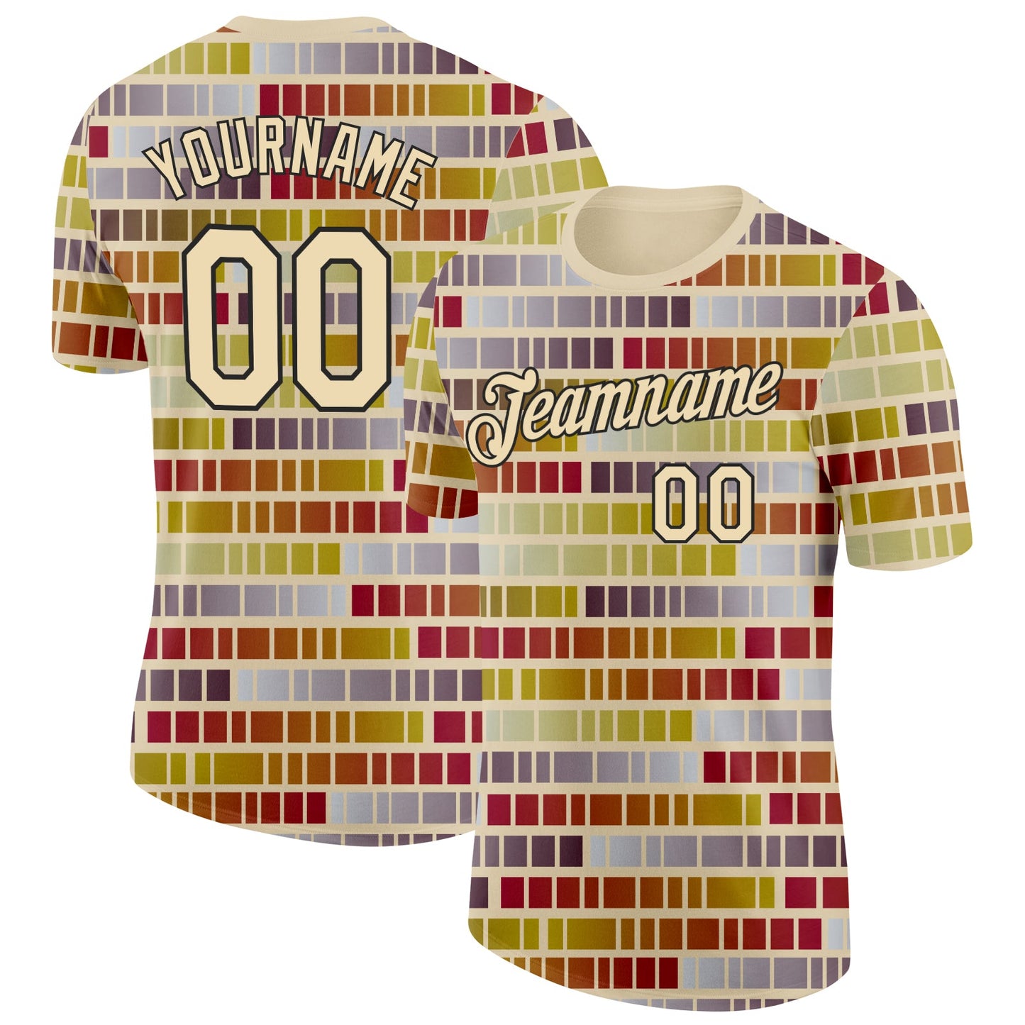 Custom Cream Green-Black Geometric Digital Mosaic Performance T-Shirt - Main View