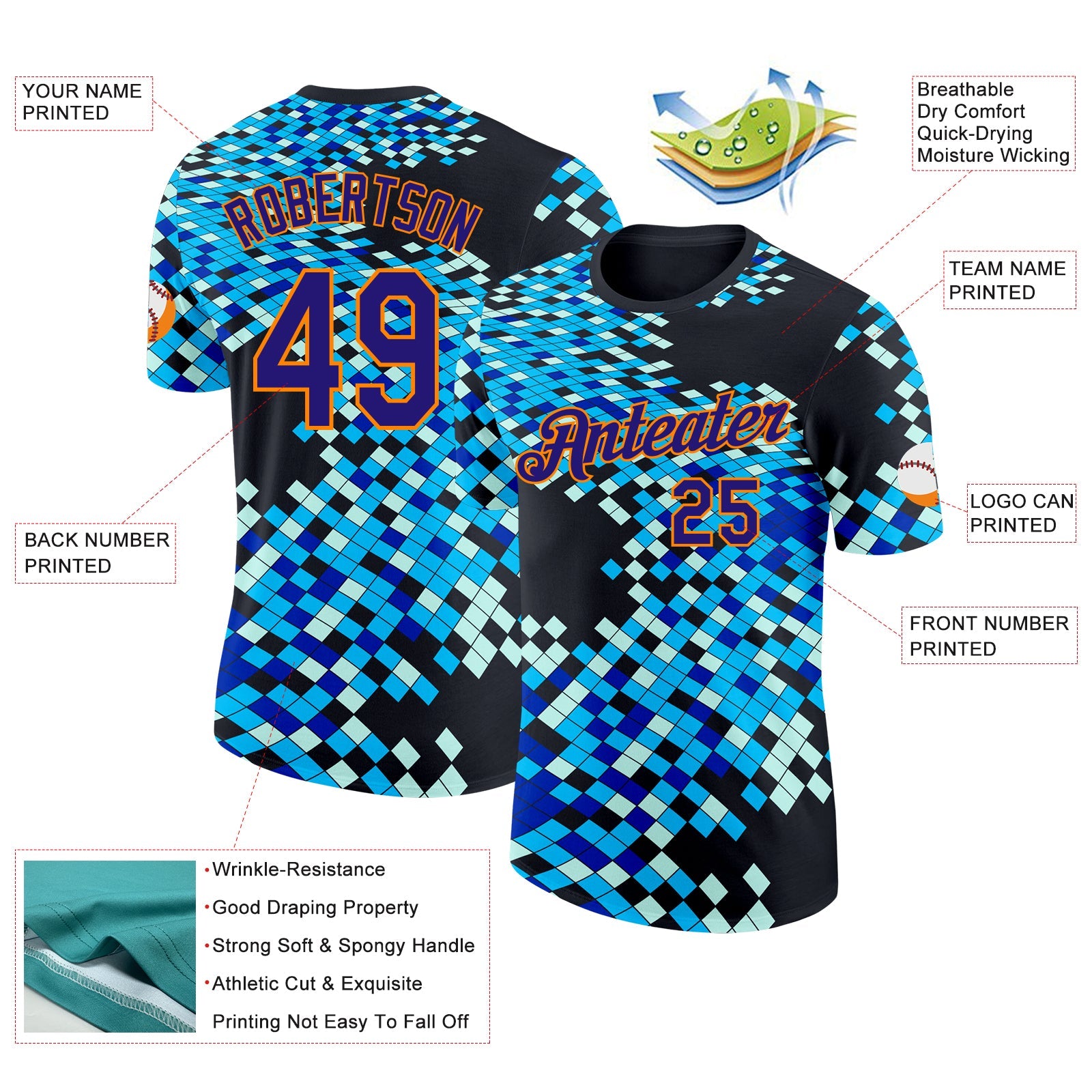 Custom Black Dark Purple Blue-Bay Orange Geometric Digital Mosaic Performance T-Shirt view 2