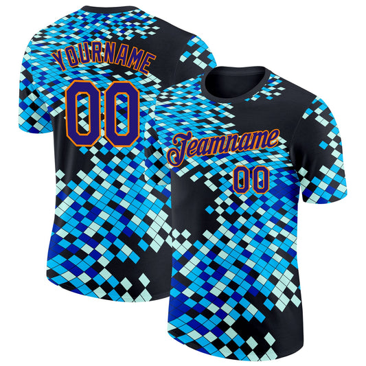 Custom Black Dark Purple Blue-Bay Orange Geometric Digital Mosaic Performance T-Shirt - Main View