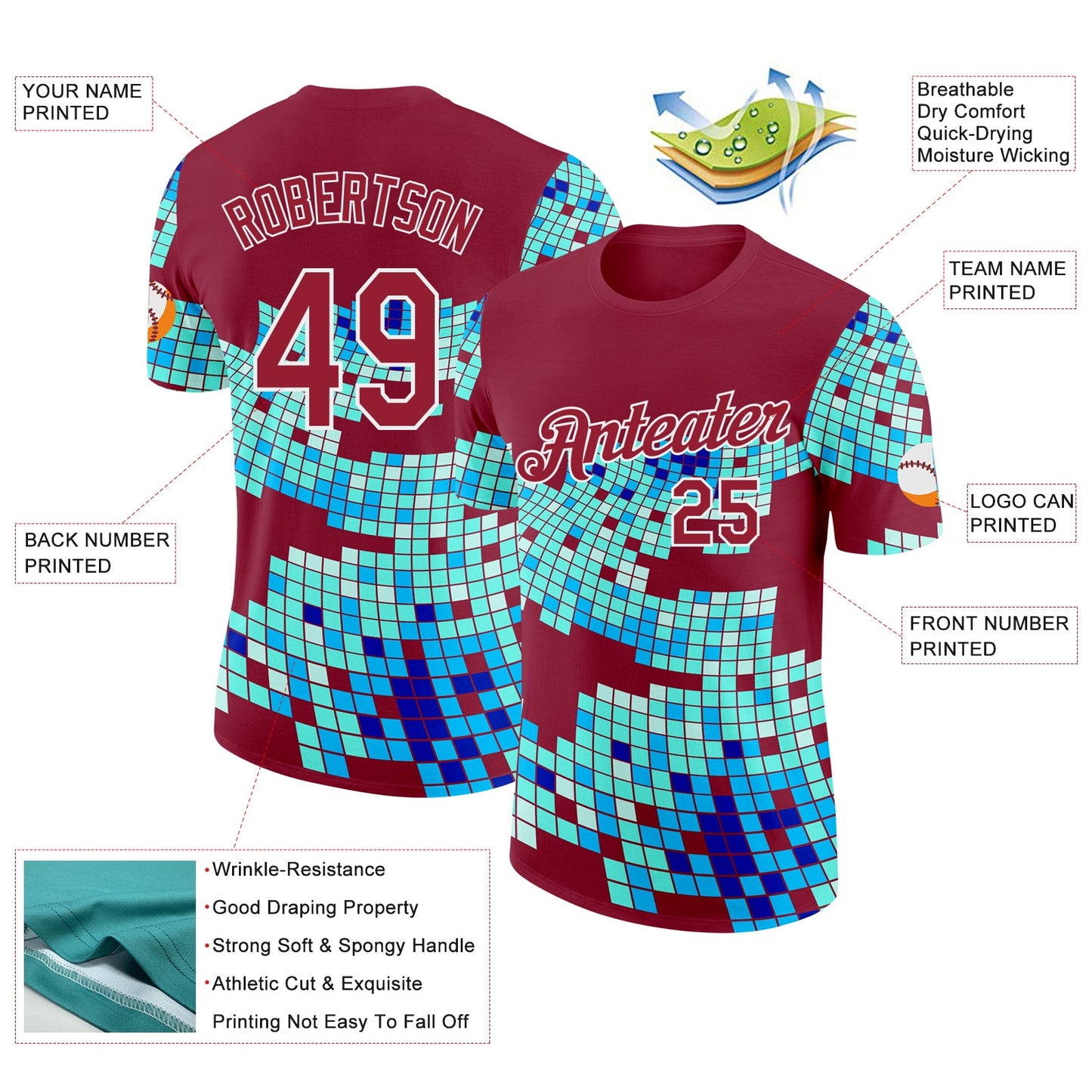 Custom Cardinal Green Blue-White Geometric Digital Mosaic Performance T-Shirt view 2