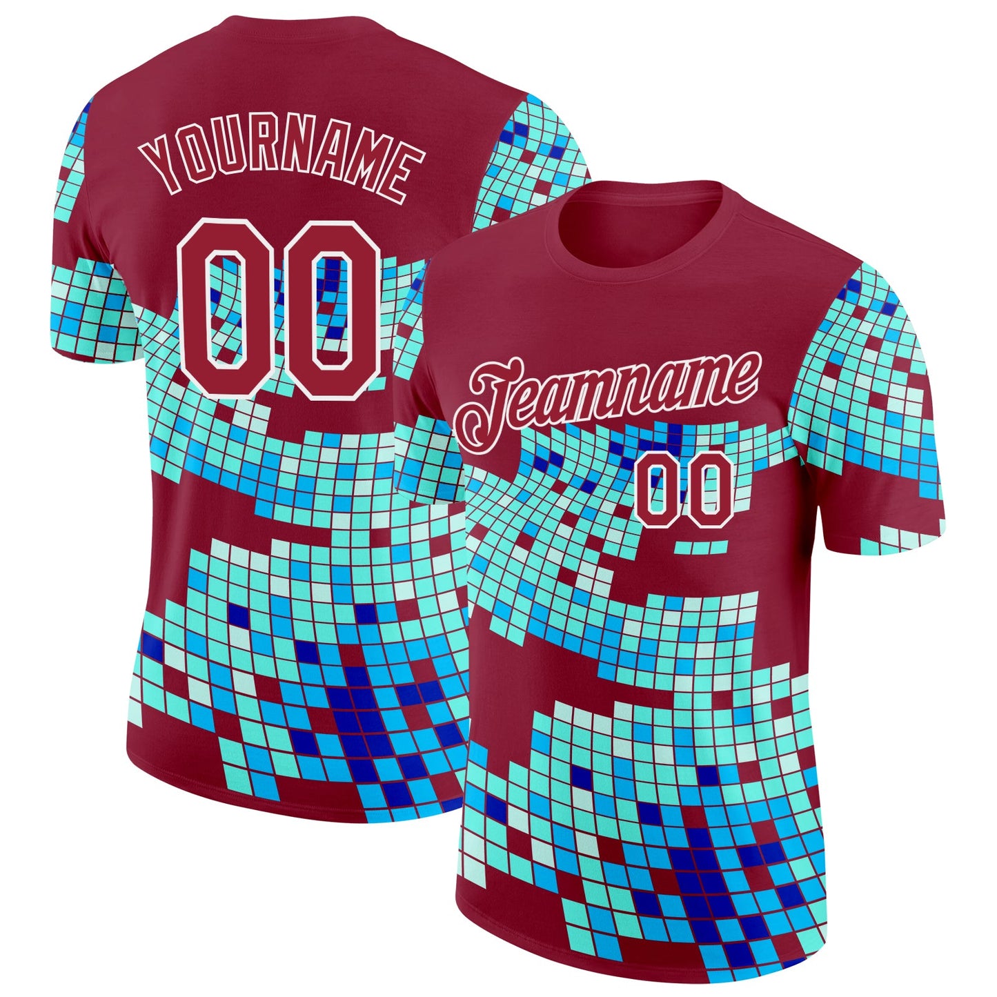 Custom Cardinal Green Blue-White Geometric Digital Mosaic Performance T-Shirt - Main View