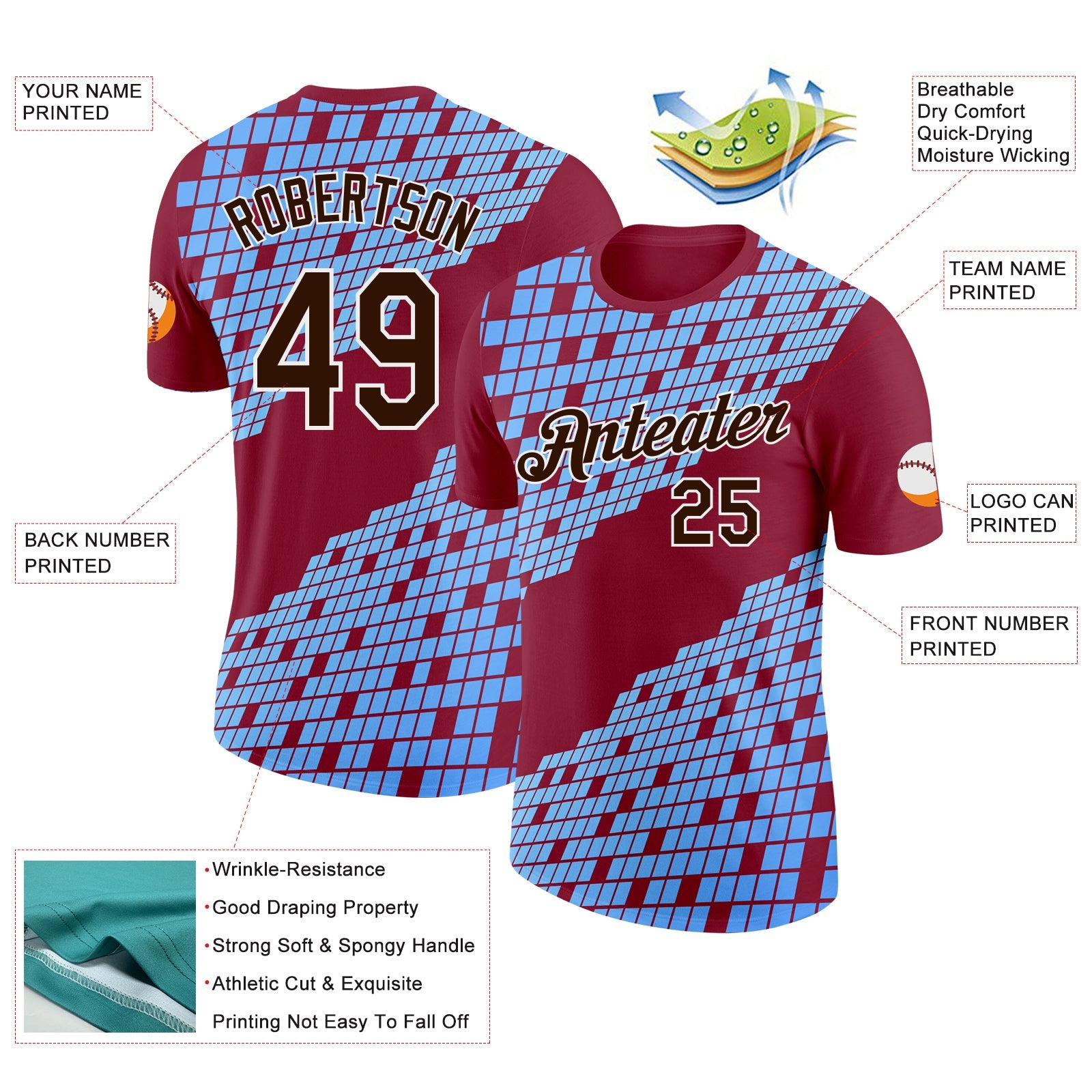 Custom Cardinal Brown Blue-White Geometric Digital Mosaic Performance T-Shirt view 2