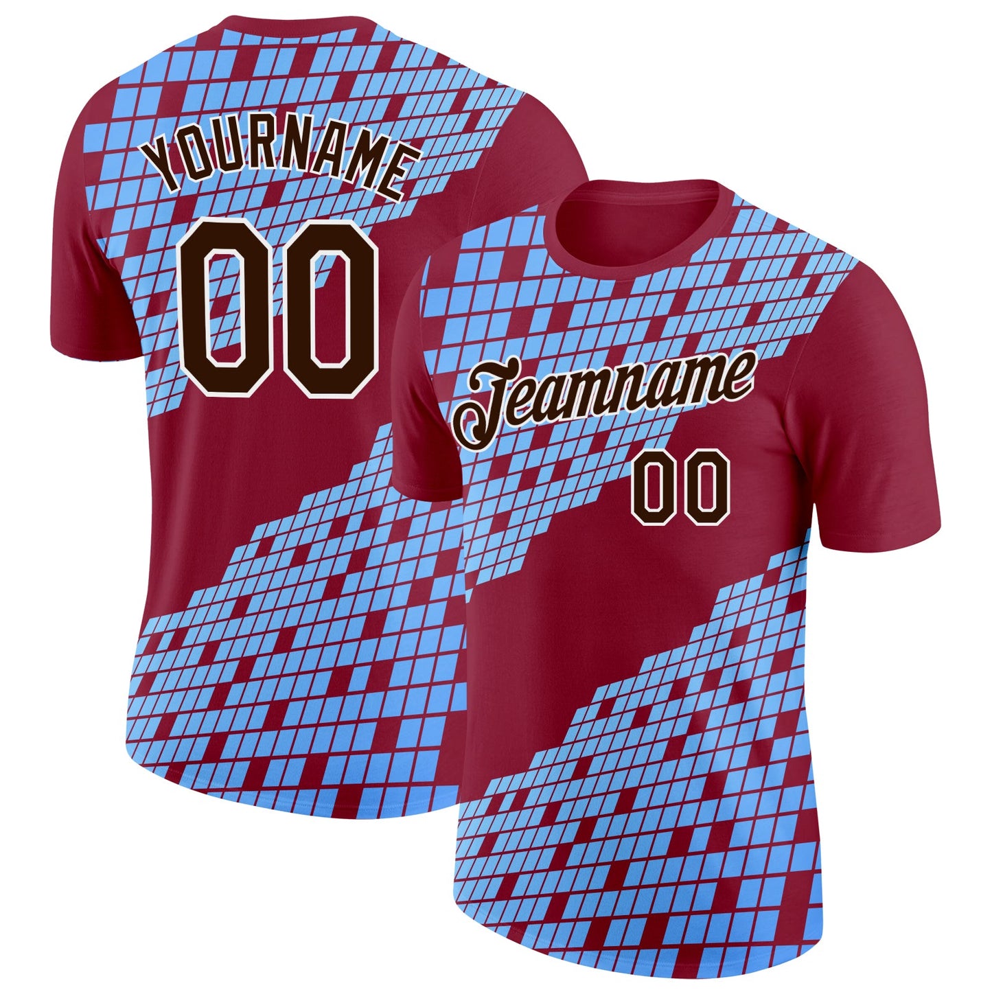 Custom Cardinal Brown Blue-White Geometric Digital Mosaic Performance T-Shirt - Main View