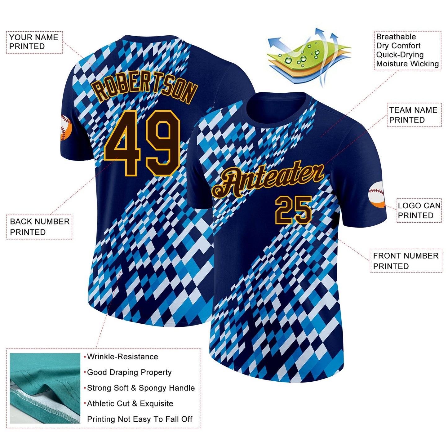 Custom Navy Brown Blue-Gold Geometric Digital Mosaic Performance T-Shirt view 2