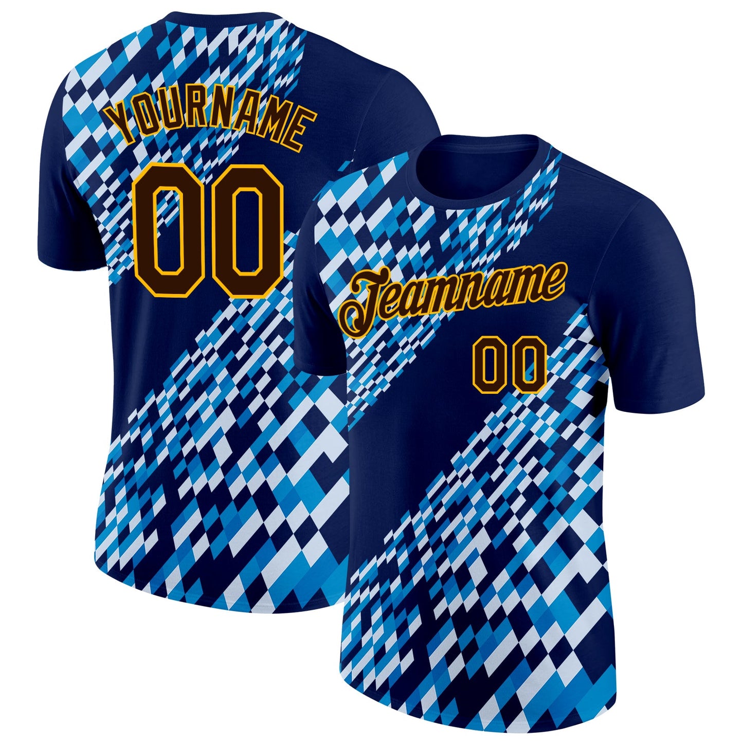 Custom Navy Brown Blue-Gold Geometric Digital Mosaic Performance T-Shirt - Main View