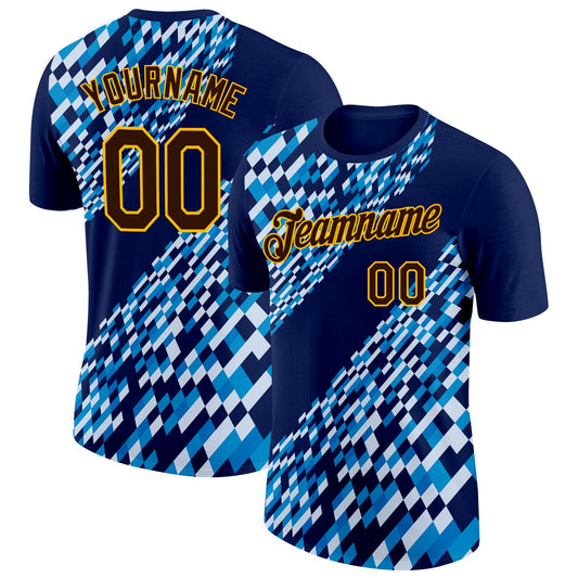 Custom Navy Brown Blue-Gold Geometric Digital Mosaic Performance T-Shirt - Main View