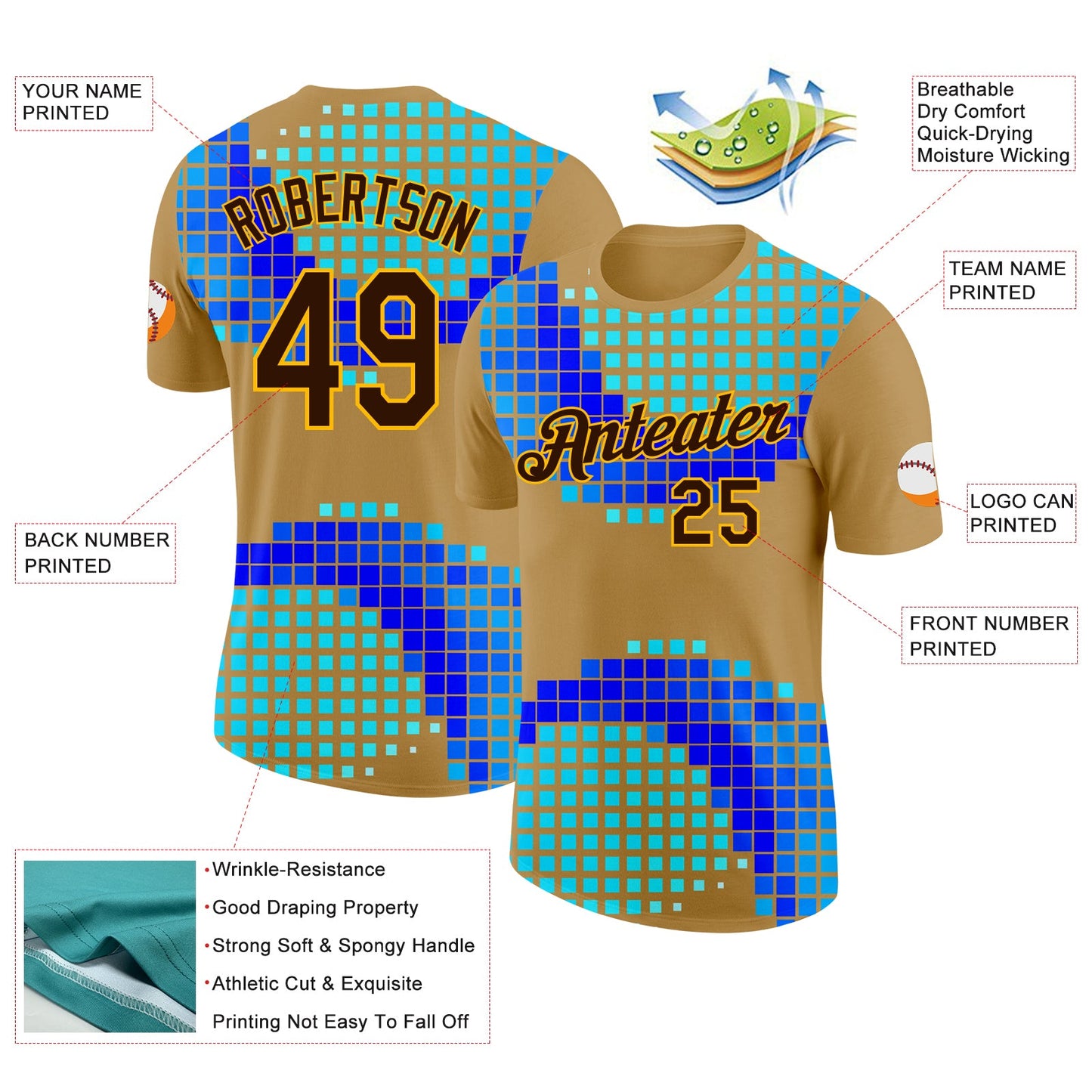 Custom Old Gold Brown Green Blue-Gold Geometric Digital Mosaic Performance T-Shirt view 2