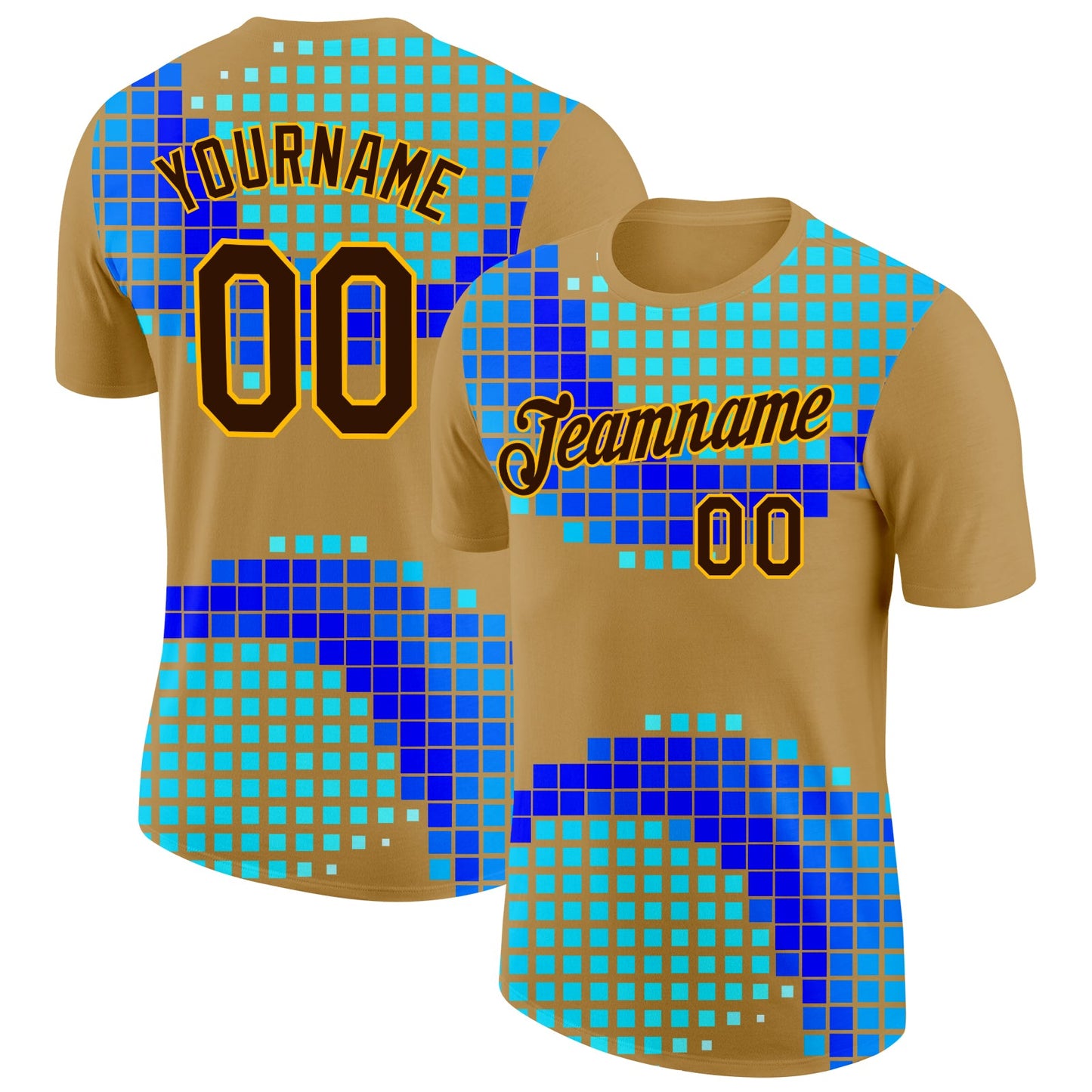 Custom Old Gold Brown Green Blue-Gold Geometric Digital Mosaic Performance T-Shirt - Main View
