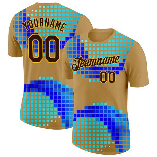 Custom Old Gold Brown Green Blue-Gold Geometric Digital Mosaic Performance T-Shirt - Main View