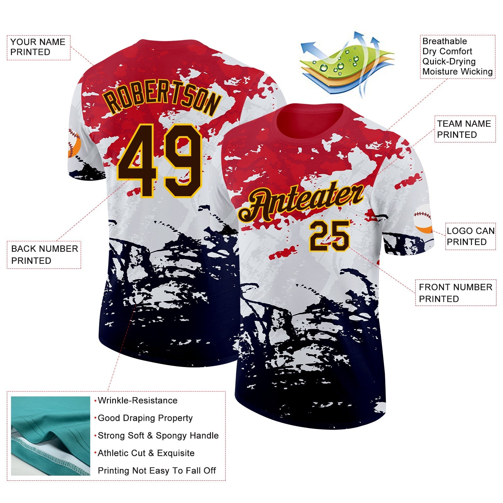 Custom Red Brown Black-Yellow Grunge Paint Splatter Performance T-Shirt view 2