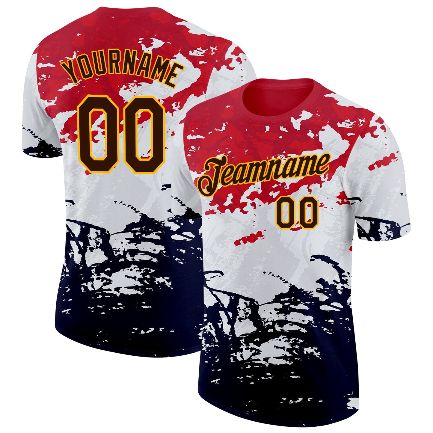 Custom Red Brown Black-Yellow Grunge Paint Splatter Performance T-Shirt - Main View