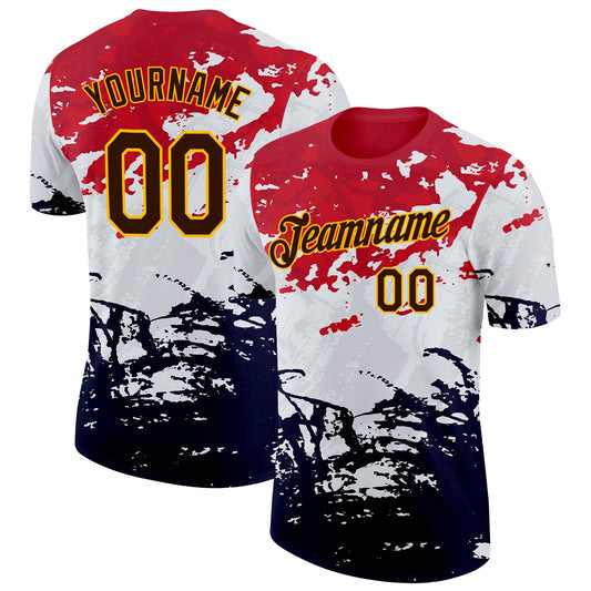 Custom Red Brown Black-Yellow Grunge Paint Splatter Performance T-Shirt - Main View