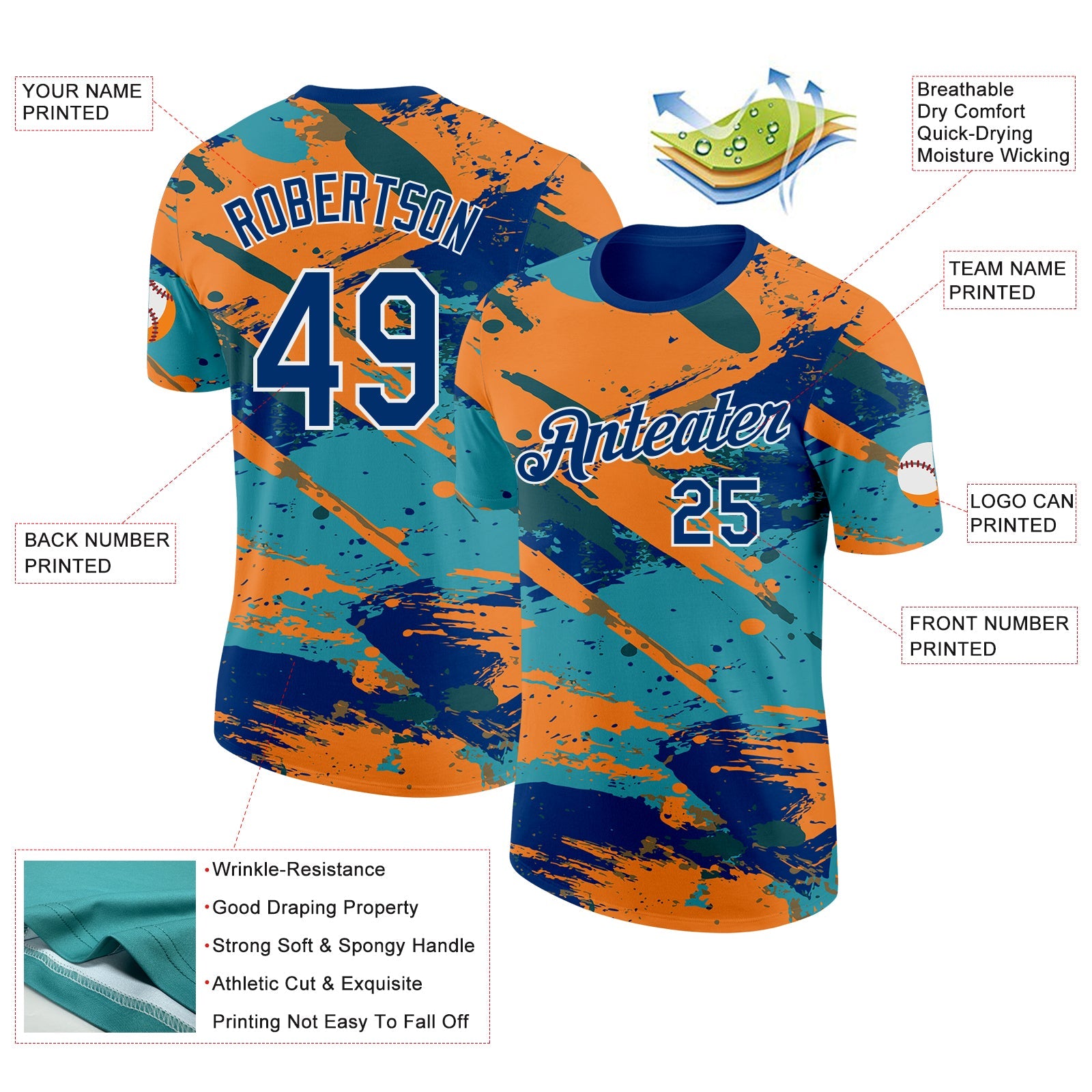 Custom US Navy Blue Orange Green-White Grunge Paint Splatter Performance T-Shirt view 2