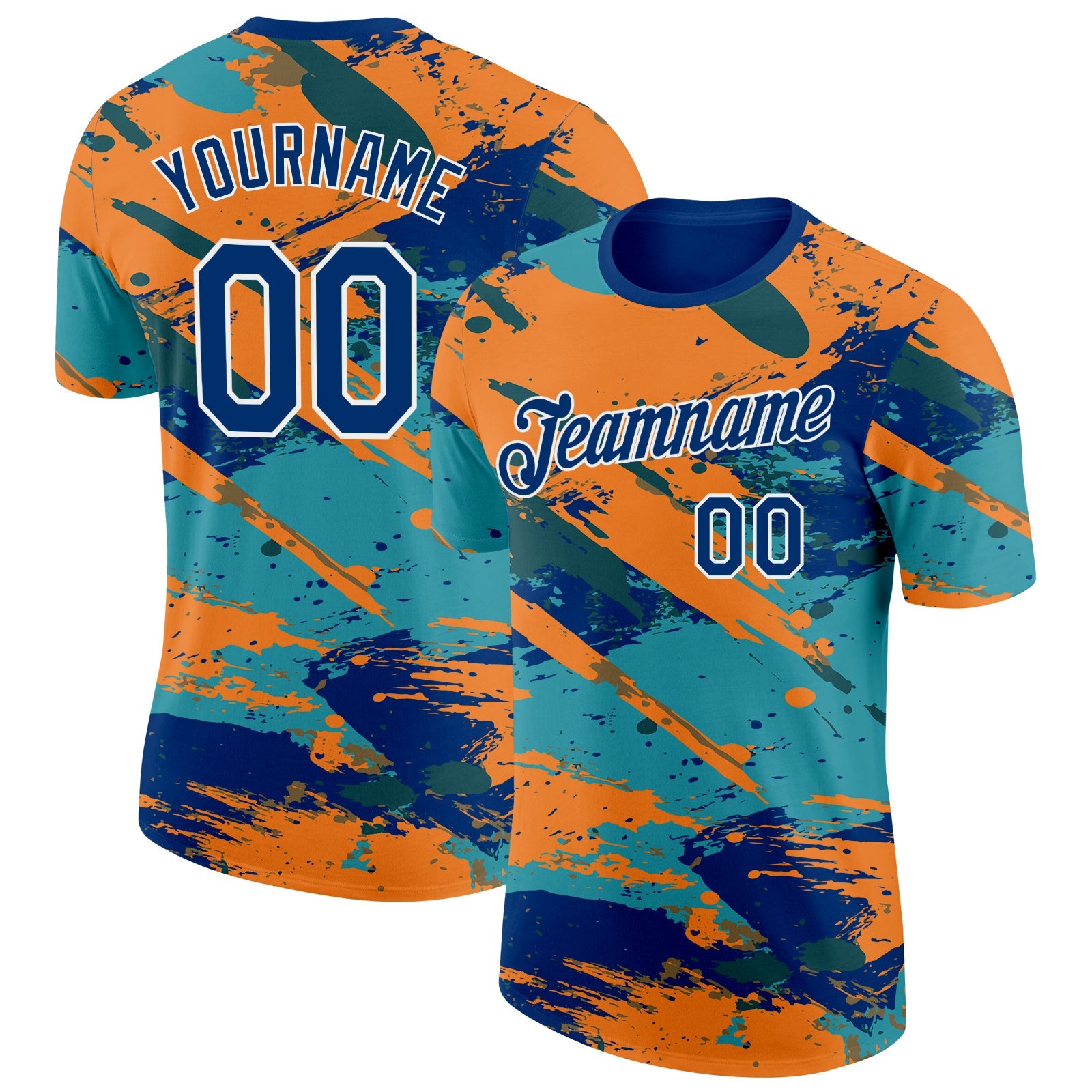 Custom US Navy Blue Orange Green-White Grunge Paint Splatter Performance T-Shirt - Main View