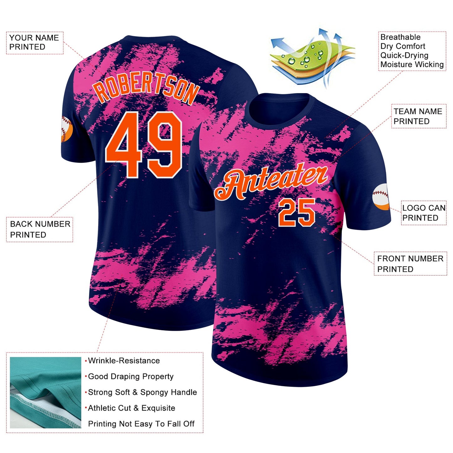 Custom Navy Orange Pink-White Grunge Paint Splatter Performance T-Shirt view 2
