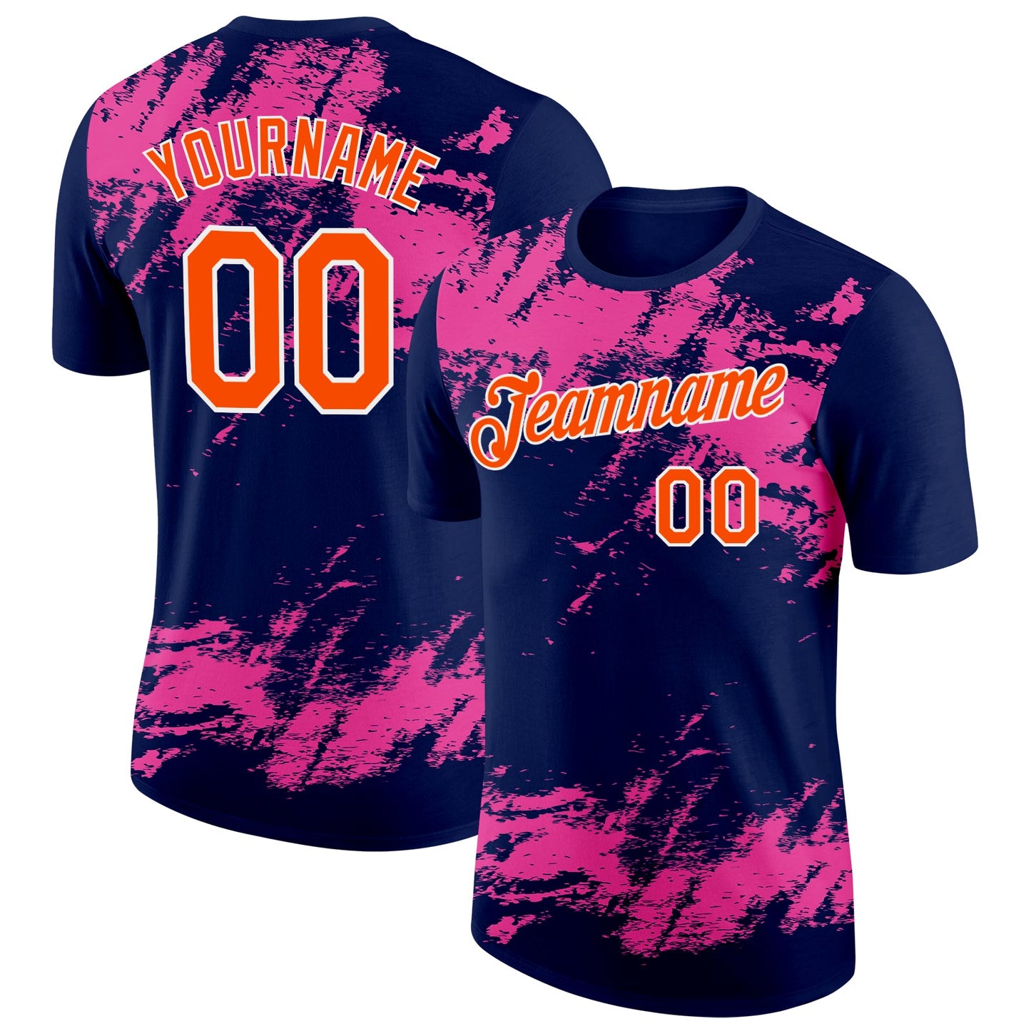 Custom Navy Orange Pink-White Grunge Paint Splatter Performance T-Shirt - Main View