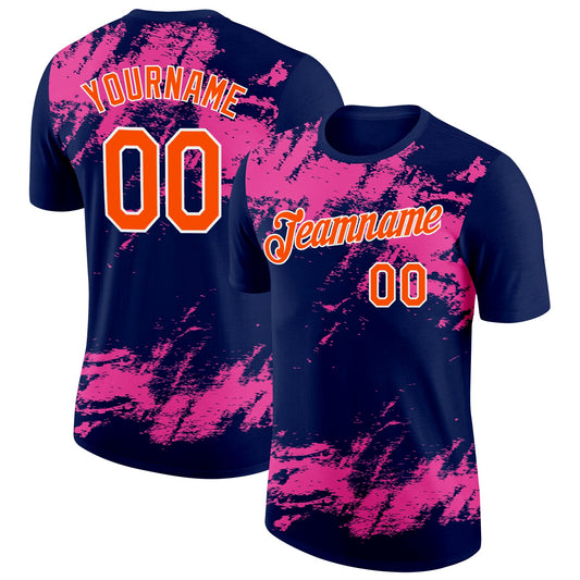 Custom Navy Orange Pink-White Grunge Paint Splatter Performance T-Shirt - Main View